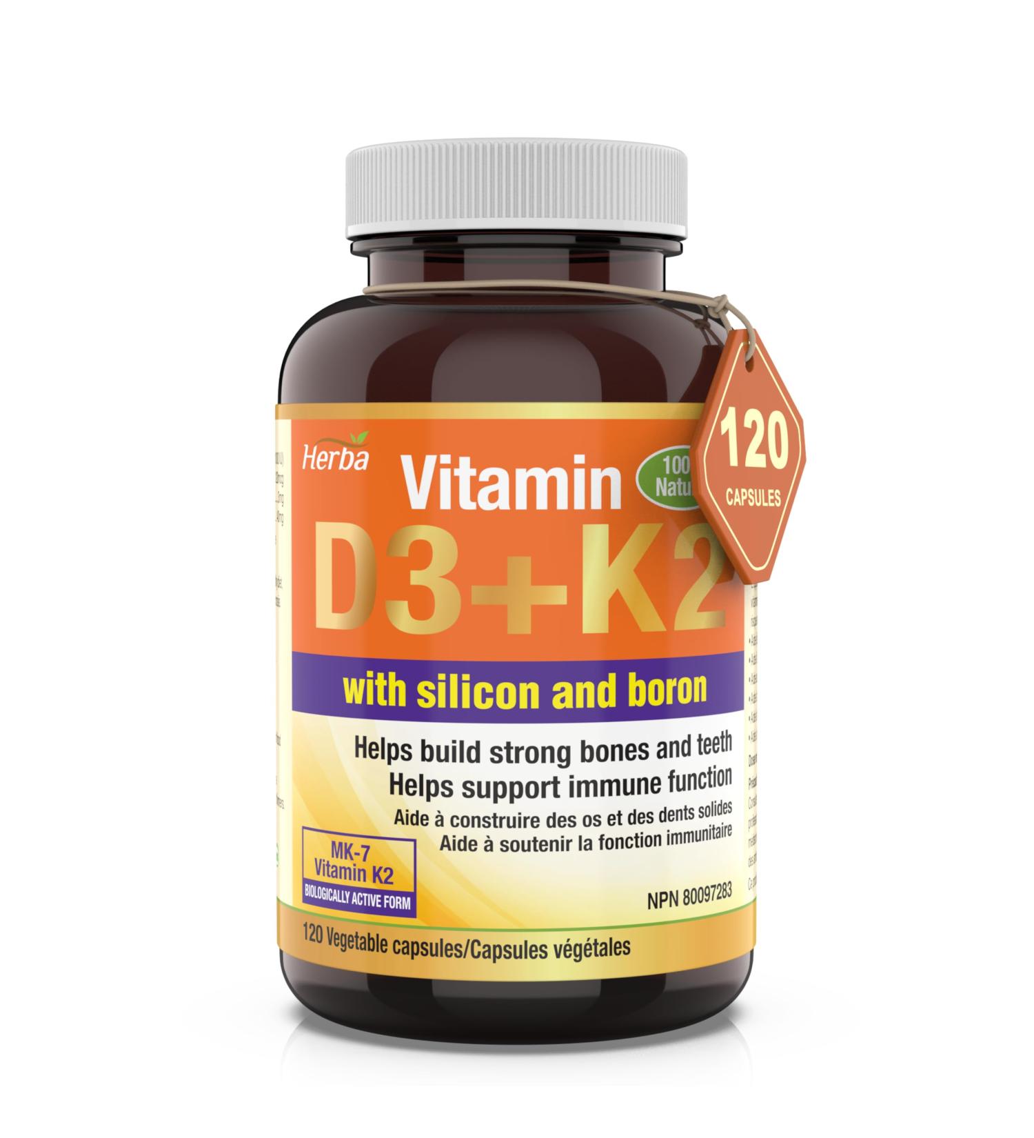 Herba K2 D3 Vitamin Supplement with Boron and Silica 120 Capsules | Vitamin D3 K2 with Boron Supplement for Men and Women | Vitamin K2 MK-7 and Vitamin D3 1000 IU | Helps Build Strong Bones and Teeth - Buy Online on SooperMarket.com