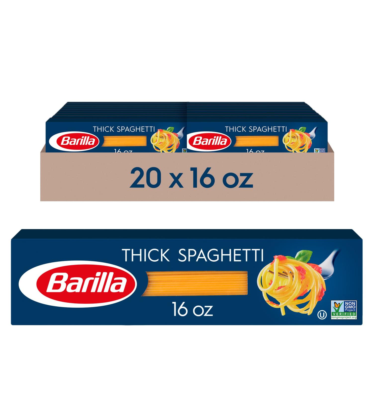 Barilla Thick Spaghetti Pasta 16 oz. Box (Pack of 20) - Non-GMO Durum Wheat Semolina Pasta - Italy's #1 Brand - Kosher Certified - Buy Online on SooperMarket.com