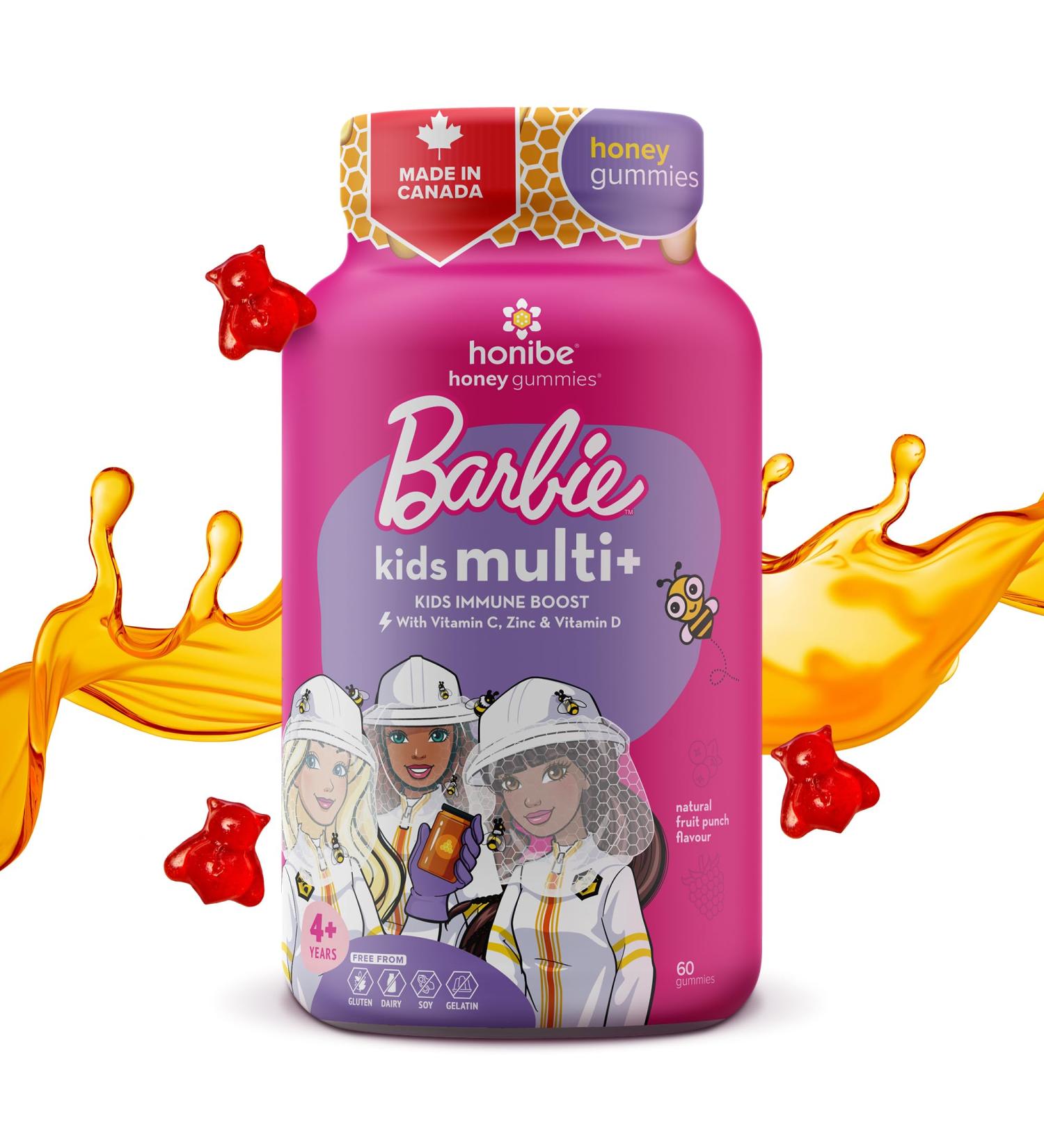 Honibe x Barbie Kids Multivitamin Gummies Plus Immune Boost | Honey-Based Vitamins Made in Canada | Children's Chewable Gummy Vitamins | Kids Zinc Vitamin Honey Gummies | 60 gummies - Buy Online on SooperMarket.com
