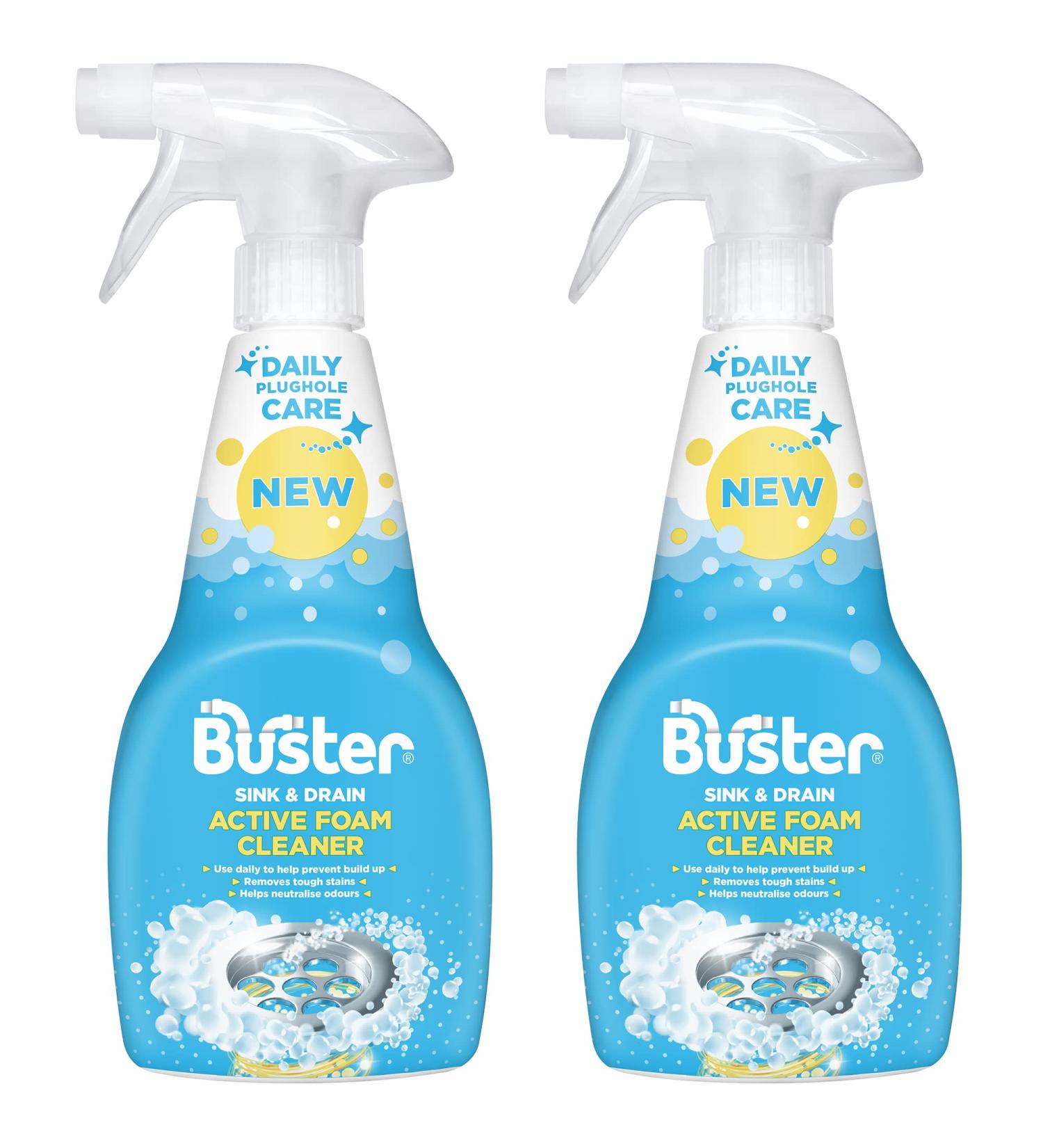 Buster Active Foam Sink & Drain Cleaner 500ml x 2 - Sink Cleaner to Remove Limescale & Stains - Daily Plughole Foam Cleaner & Odour Eliminator Foam Cleaner for Sinks Showers Drains and Plugs - Buy Online on SooperMarket.com