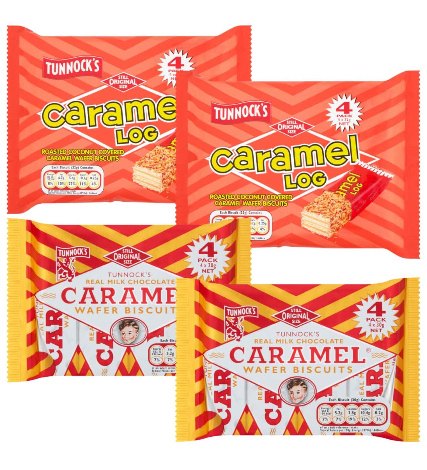 Caramel Wafer Bundle With Tunnocks Caramel Log Wafer Biscuits 4x32g x2 and Real Milk Chocolate Caramel Wafer Biscuits 4x30g x2 (4 Pack) - Buy Online on SooperMarket.com
