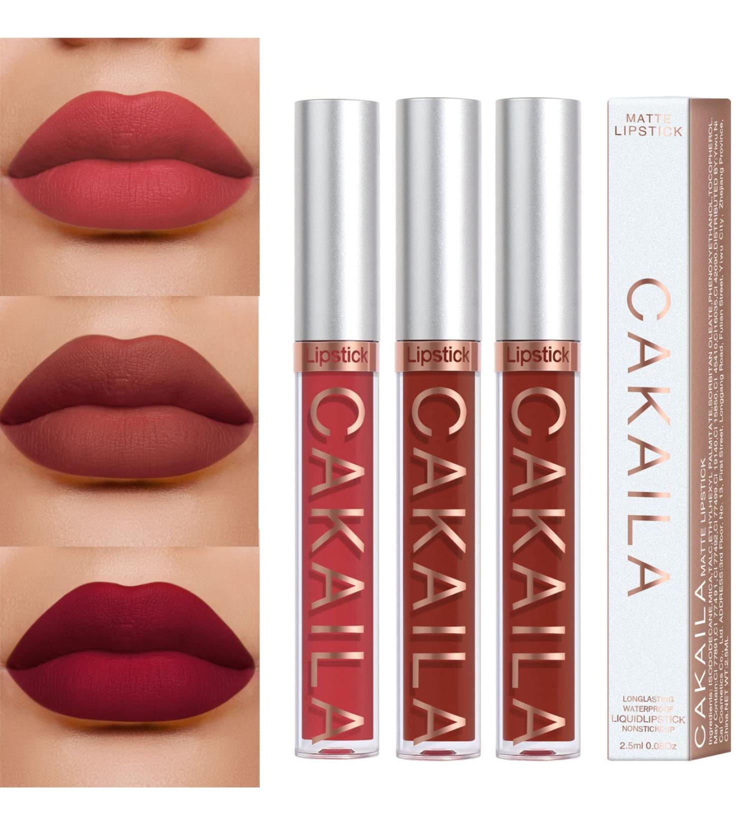 3Pcs Matte Liquid Lipstick Set - 24 Hour Long Lasting Waterproof Lip Stain Makeup - Dark Red & Nude Lip Gloss Kit for Women - Buy Online on SooperMarket.com
