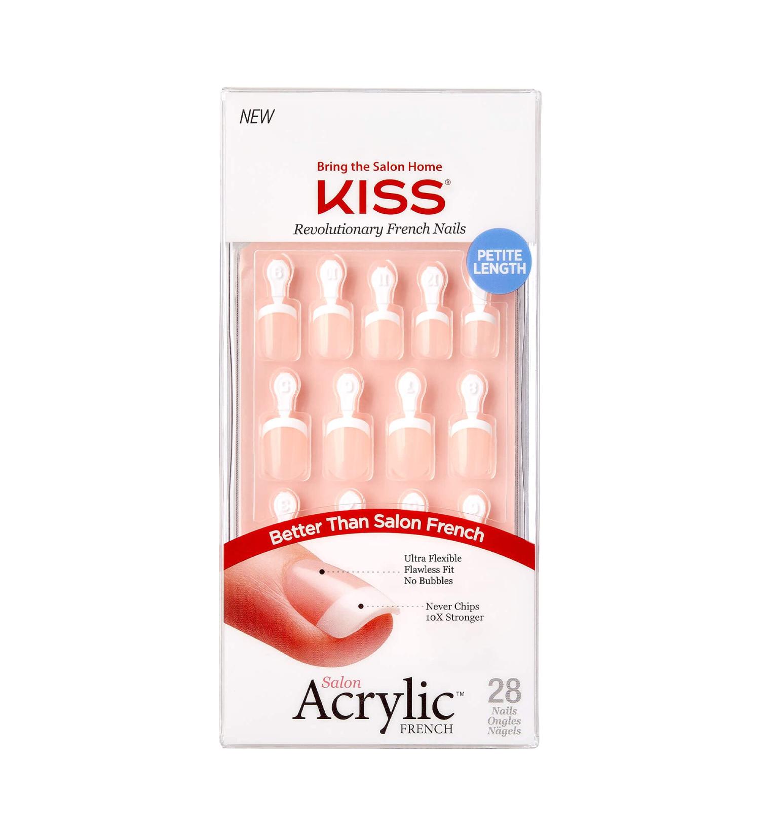 KISS Salon Acrylic French Nail Manicure Set - Petite Square Crush Hour, Pink Gel Glue, Mini File, Manicure Stick, 28 Fake Nails - Buy Online on SooperMarket.com