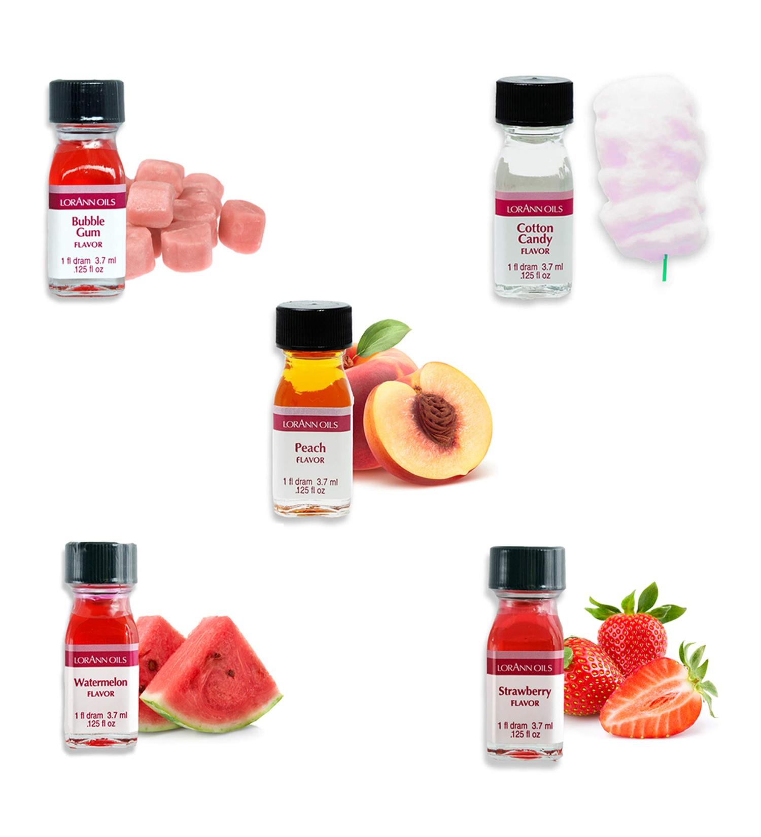 LorAnn SS flavors in 1 dram bottles (.0125 fl oz - 3.7ml) -5 pack includes - Watermelon, Strawberry, Cotton Candy, Bubble Gum, and Peach 0.12 Fl Oz (Pack of 5)