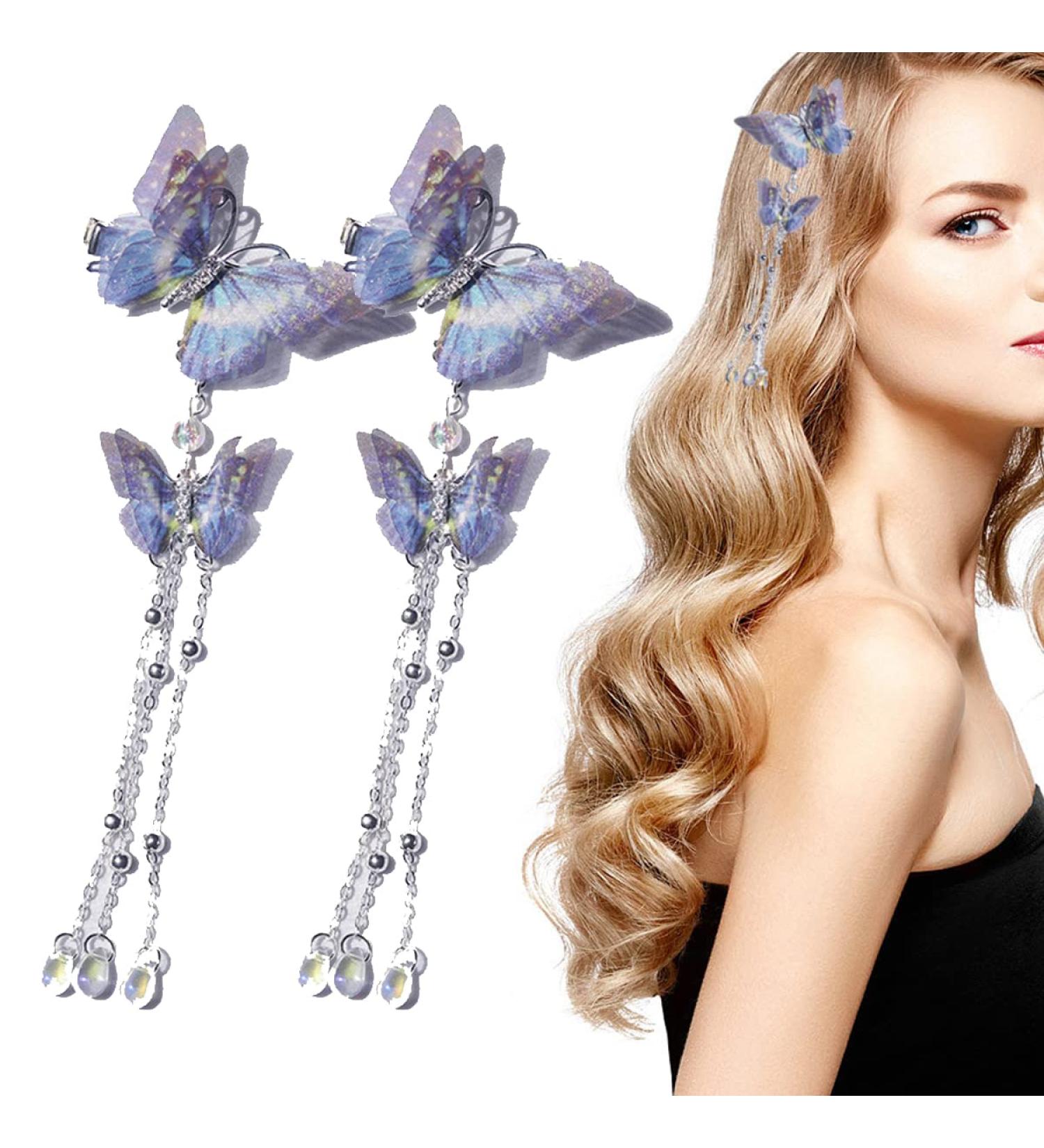 GOLD XIONG PADISHAH Double Butterfly Tassel Hair Pin Clips - Blue | Hair Accessories for Women and Girls - Buy Online on SooperMarket.com