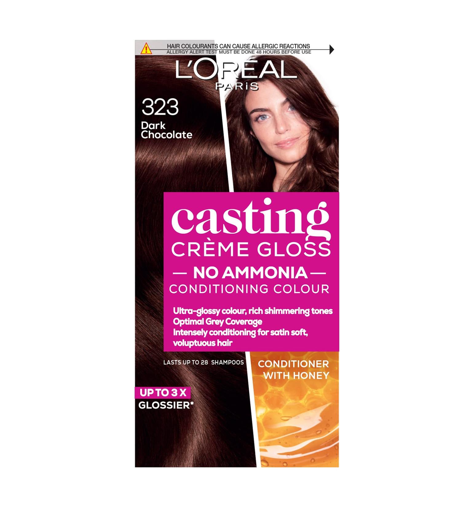 L'Oreal Paris Ammonia-Free Semi-Permanent Hair Dye - Dark Chocolate Brown Glossy Colour | Natural Finish, Up to 28 Shampoos | Casting Cr me Gloss 323 - 1 Application - Buy Online on SooperMarket.com