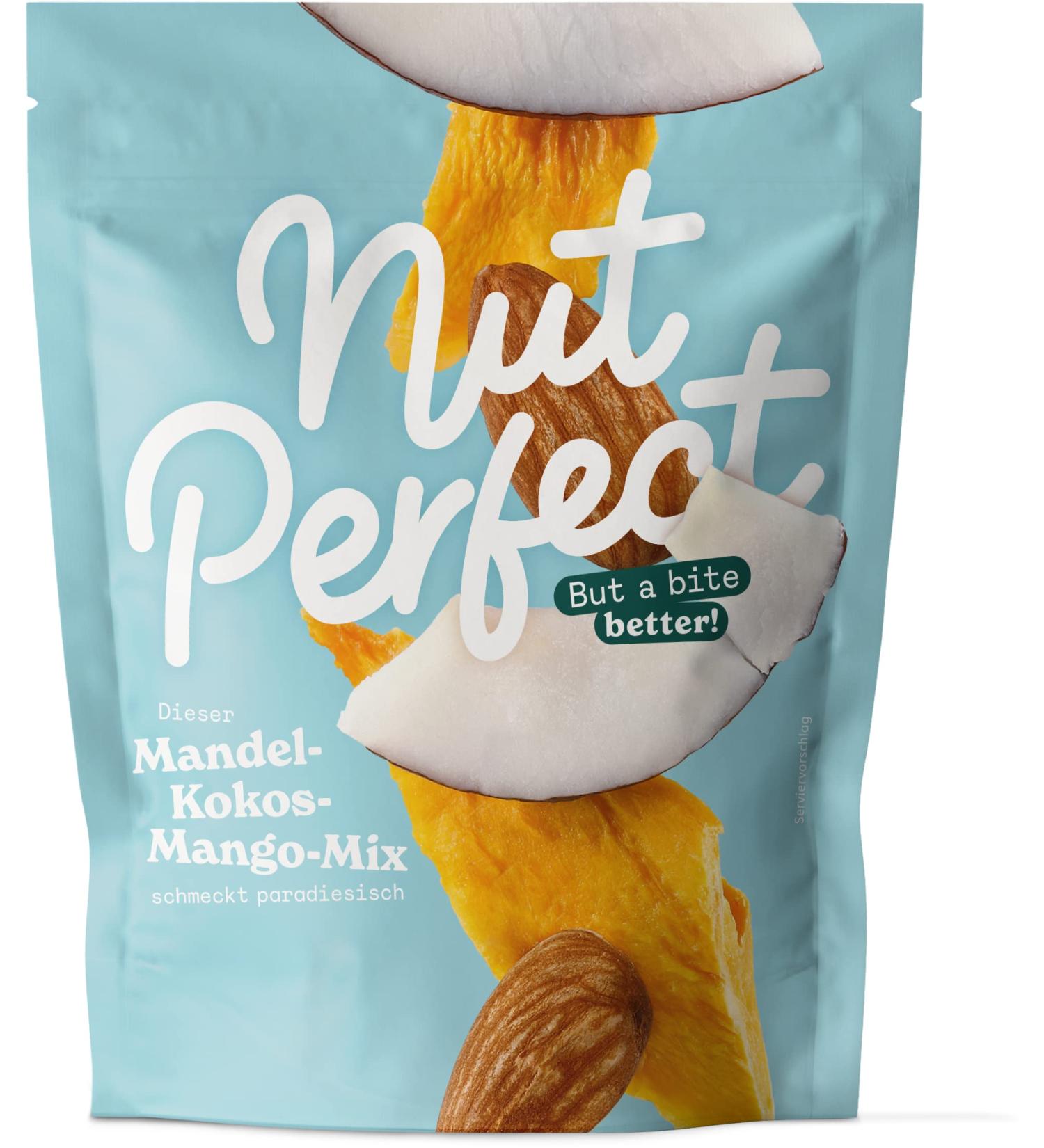 Nut Perfect Almond-Kokos Mango-Mix | Tropical Fruity Snack | Natural & Organic | Bio-Mango Bio-Coconut Spanish Almonds | 100g - Buy Online on SooperMarket.com