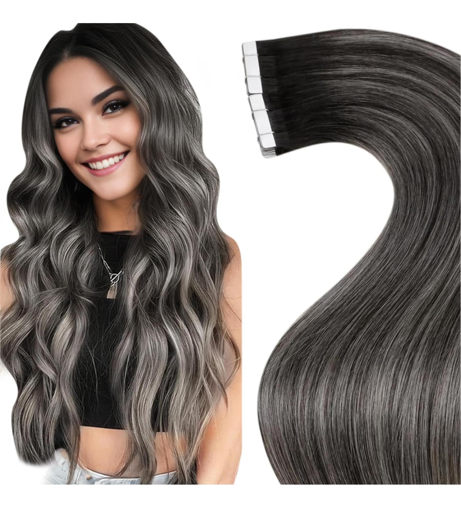 LAAVOO Ombre Tape In Hair Extensions | Real Remy Hair | Black Silver Balayage | 50cm | 20 Pcs #1B/S/1B | International Shipping - Buy Online on SooperMarket.com