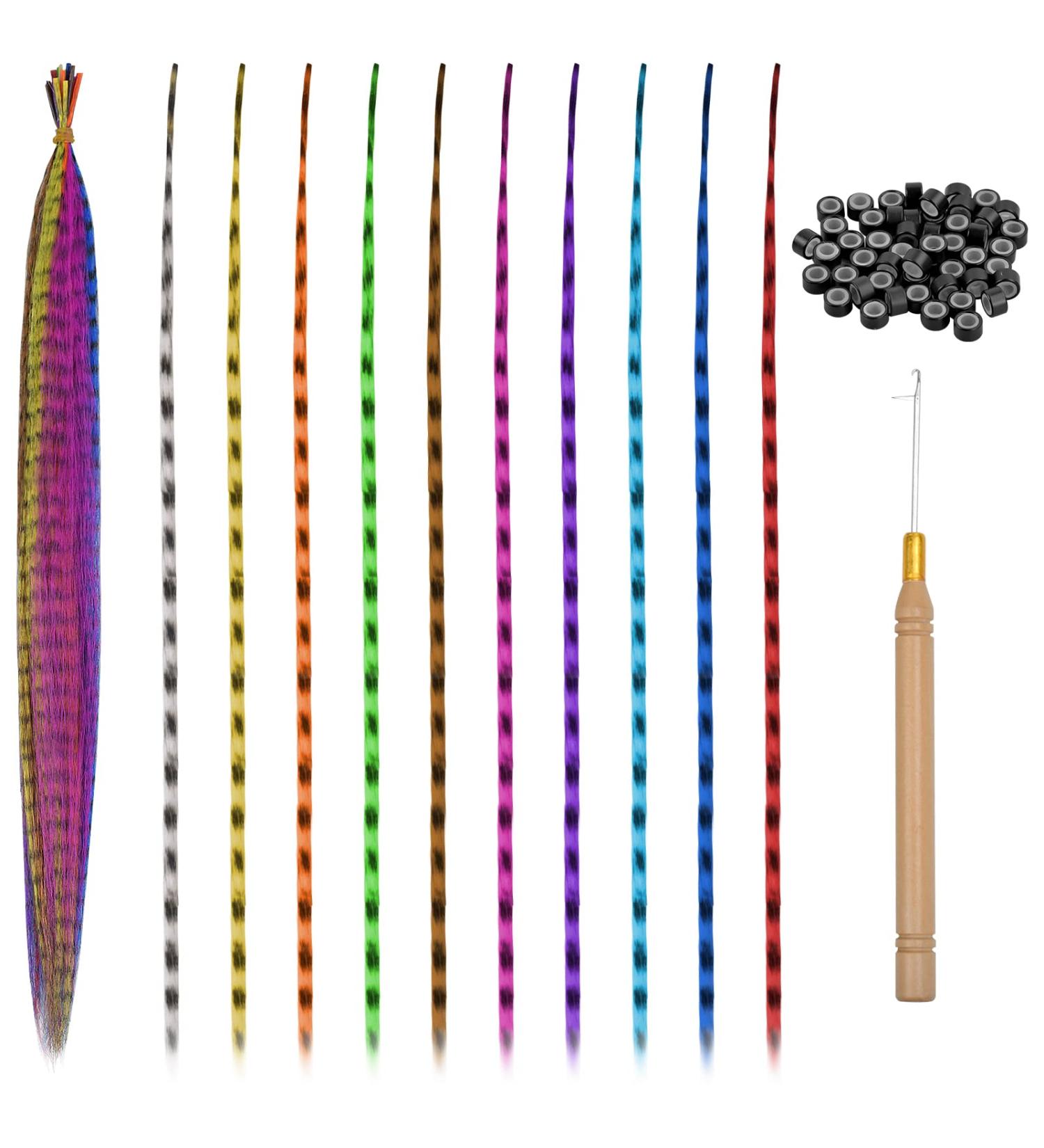 20Pcs Colored Feather Hair Extensions Kit with Micro Beads and Crochet Hook - Colorful Synthetic Hairpieces for Girls and Women - Buy Online on SooperMarket.com
