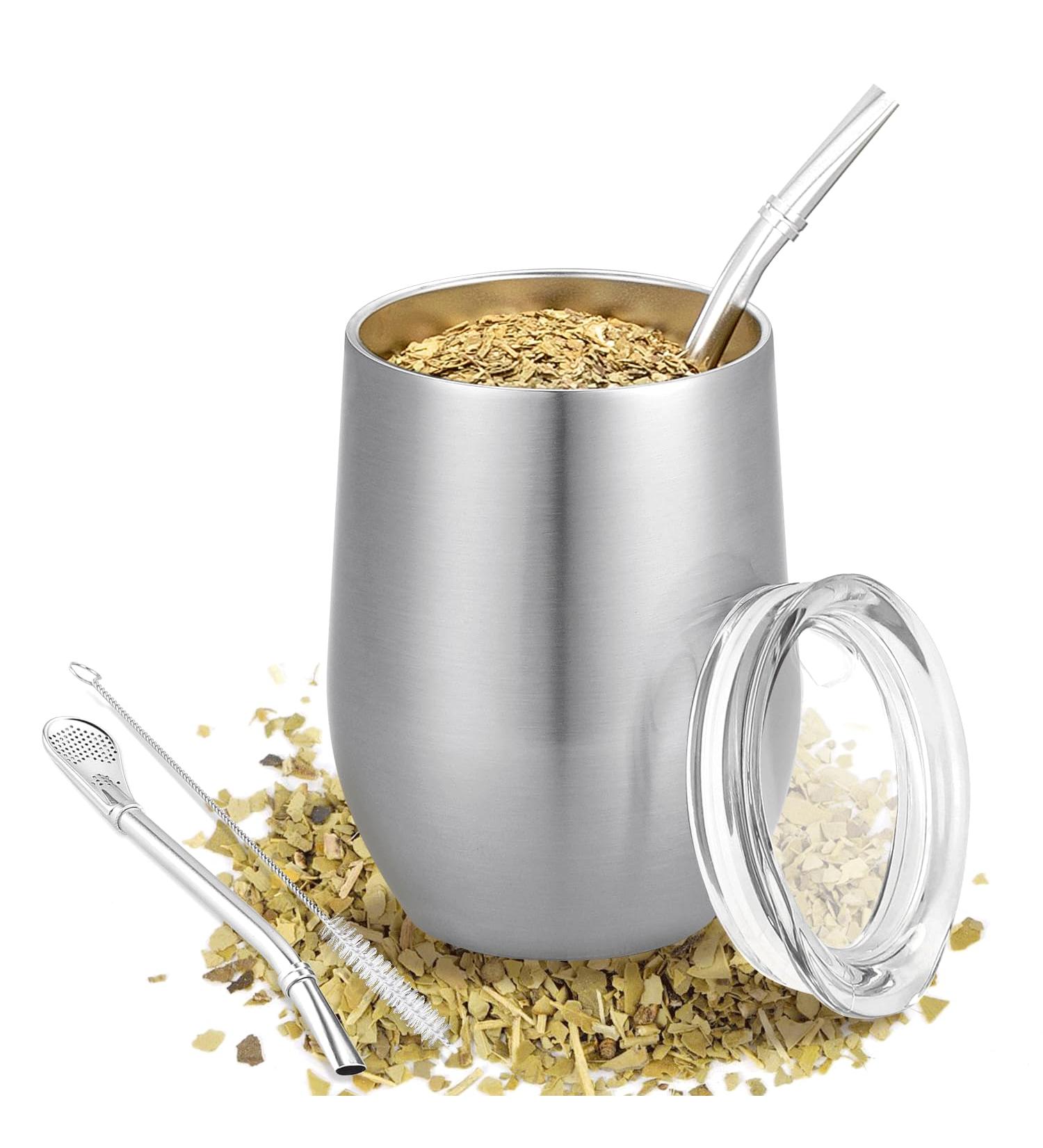 Telanks Mate Becher - 340ml Double-Walled Insulated Stainless Steel Mate Cup with Straw & Brush | Perfect Yerba Mate Mug (Silver) - Buy Online on SooperMarket.com