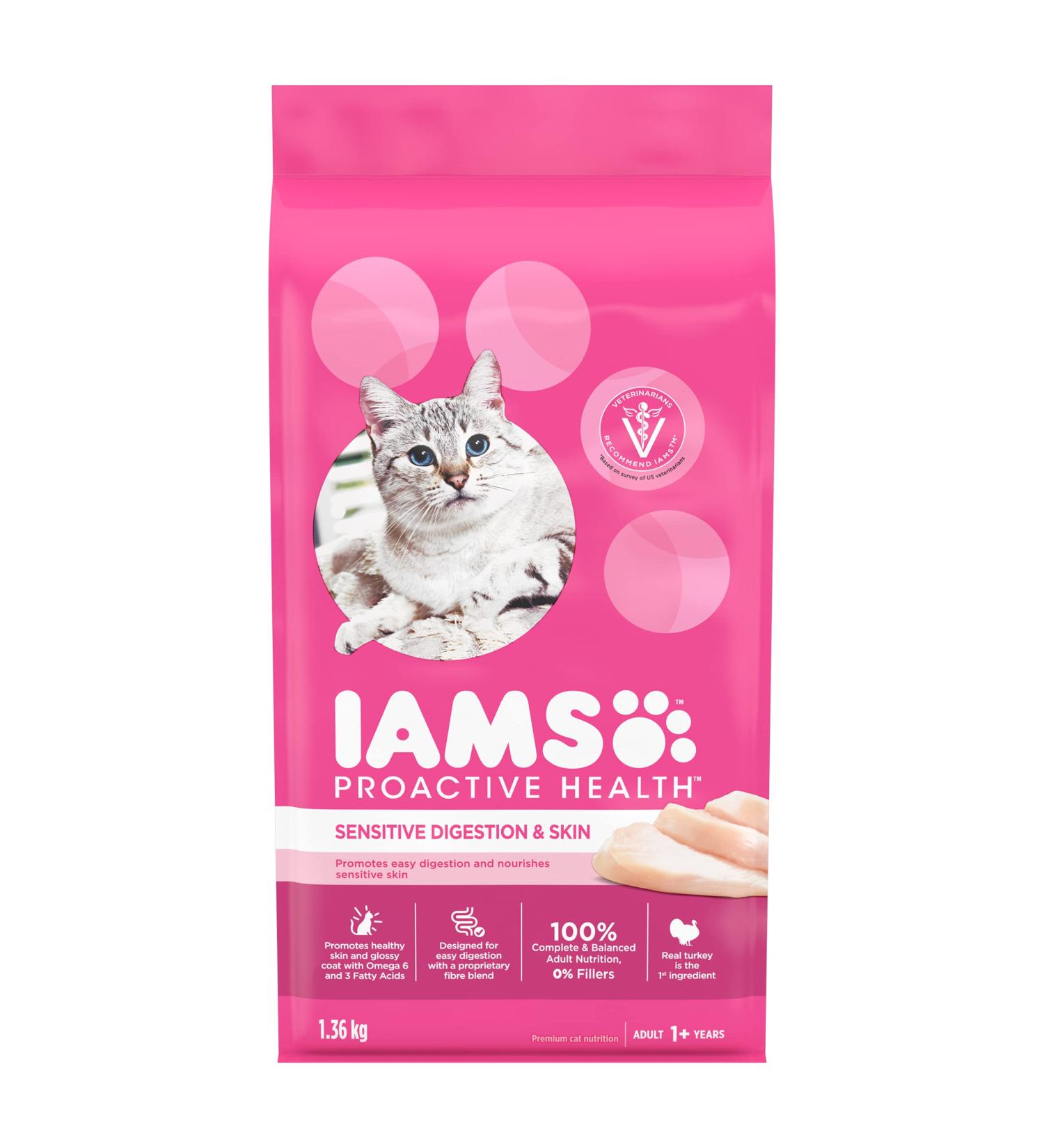 IAMS Proactive Health Dry Cat Food Adult - Sensitive Digestion & Skin with Turkey 1.36kg Bag 1.36 kg (Pack of 1) Cat Food - Buy Online on SooperMarket.com