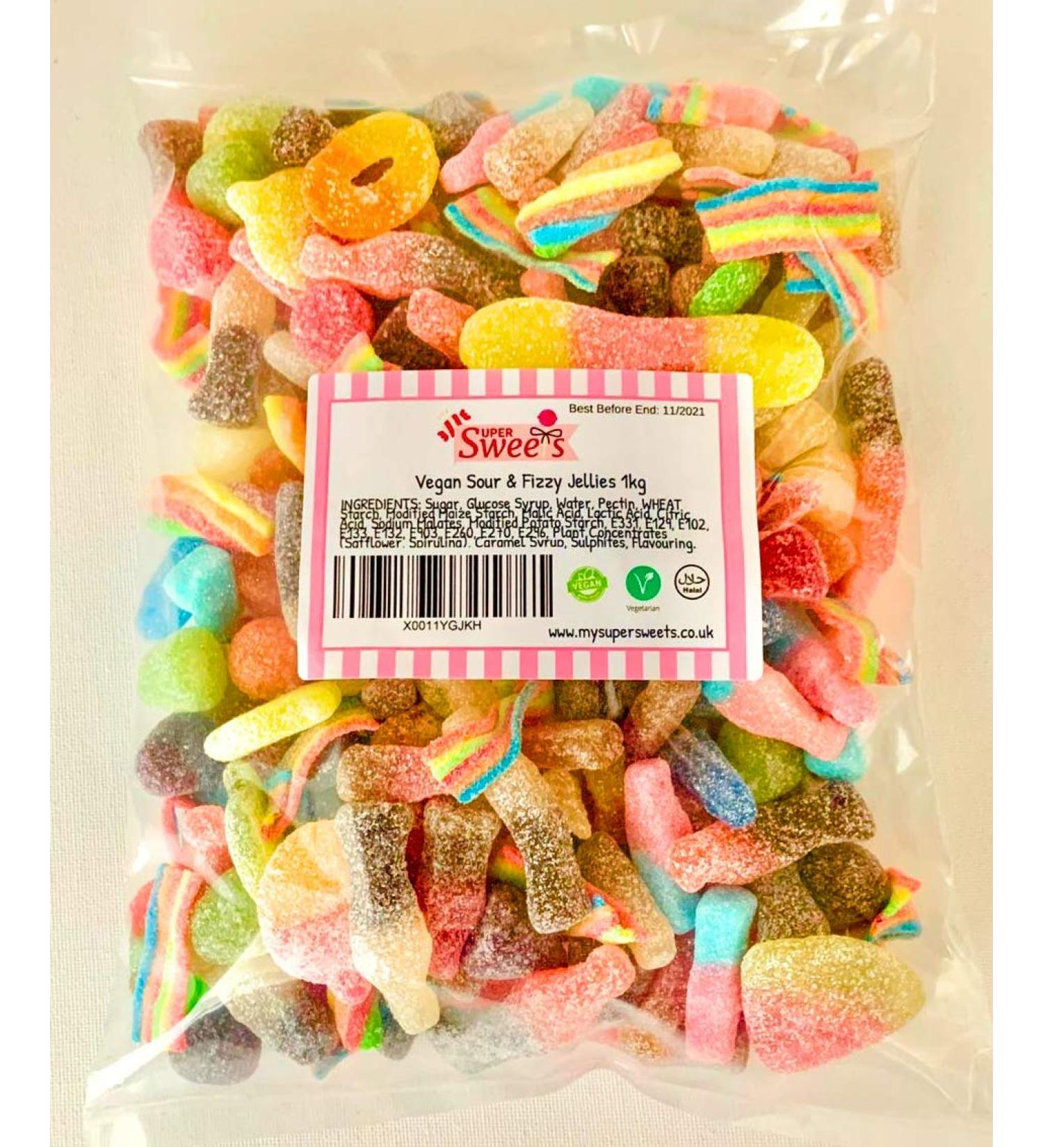 Super Sweets Premium Vegan Fizzy and Sour Jelly Sweet Assortment 1kg. A Mix of The Best Vegan Fizzy and Sour Jelly Sweets Specially Selected by Super Sweets