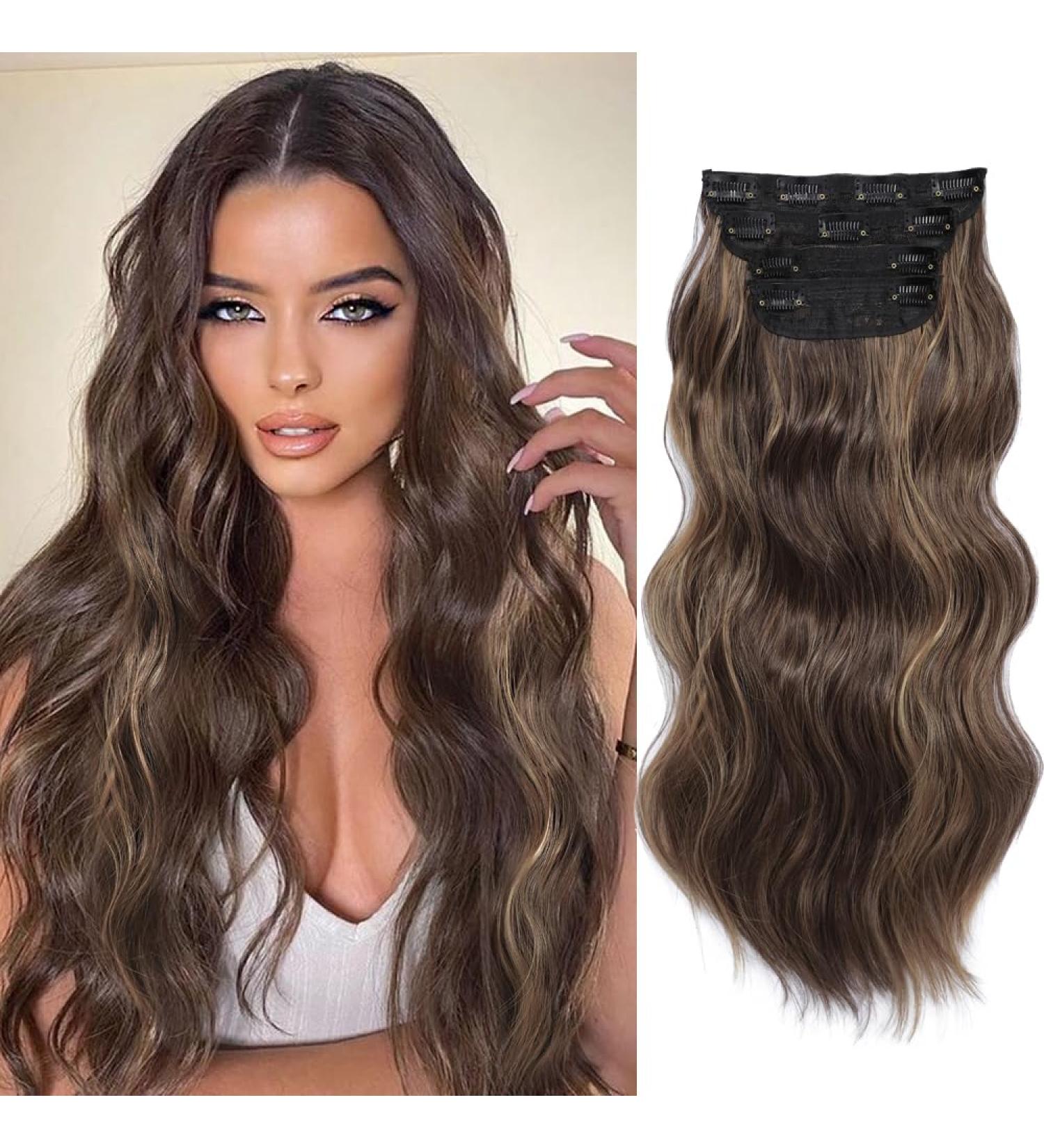 Light Brown Clip in Hair Extensions with Golden Highlights - Long Wavy Synthetic Fiber Hair Pieces for Women - Buy Online on SooperMarket.com