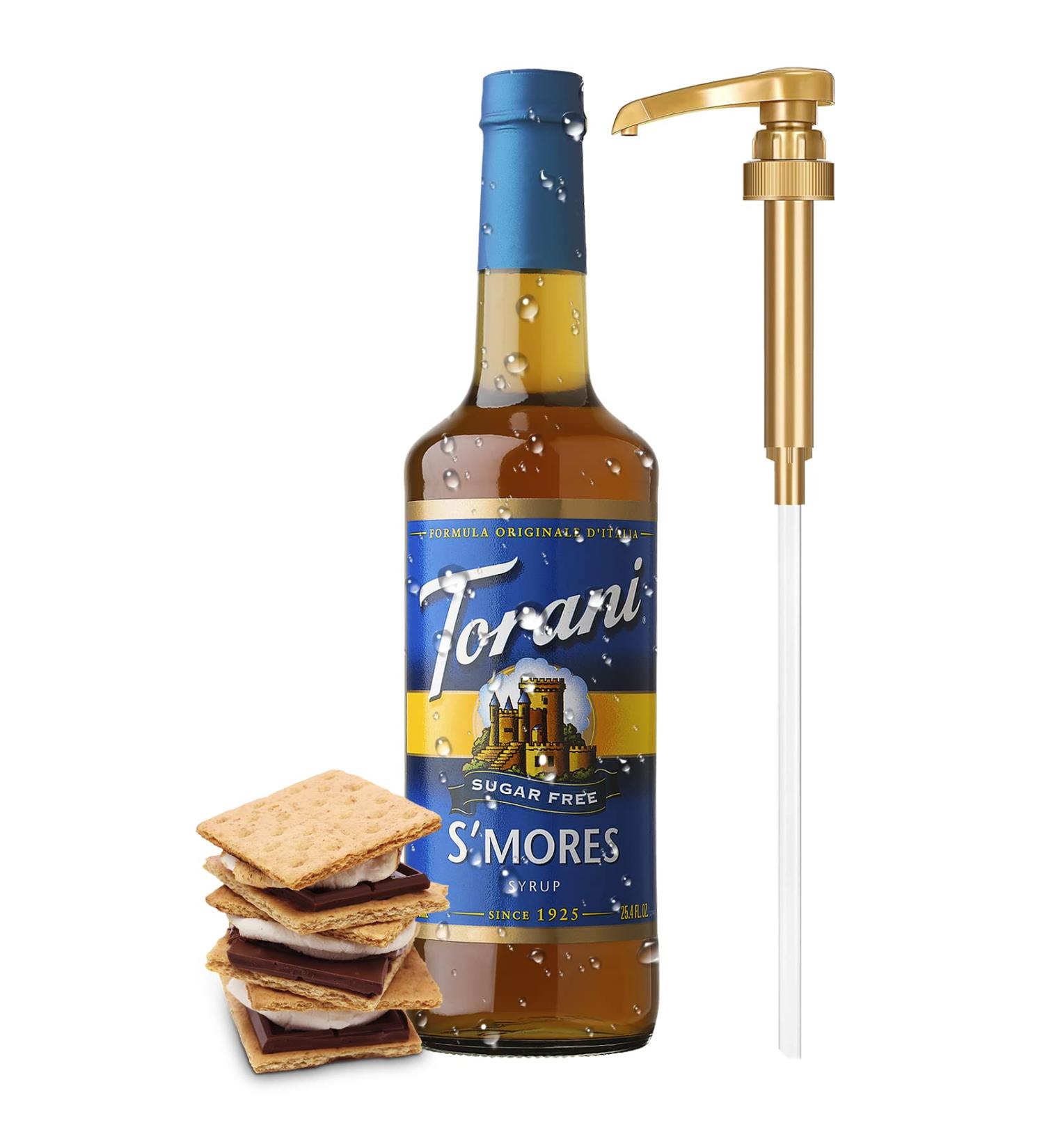 Torani Sugar Free S'mores Syrup 750ml Glass Bottle with Little Squirt Pump - 25.4 oz - Buy Online on SooperMarket.com