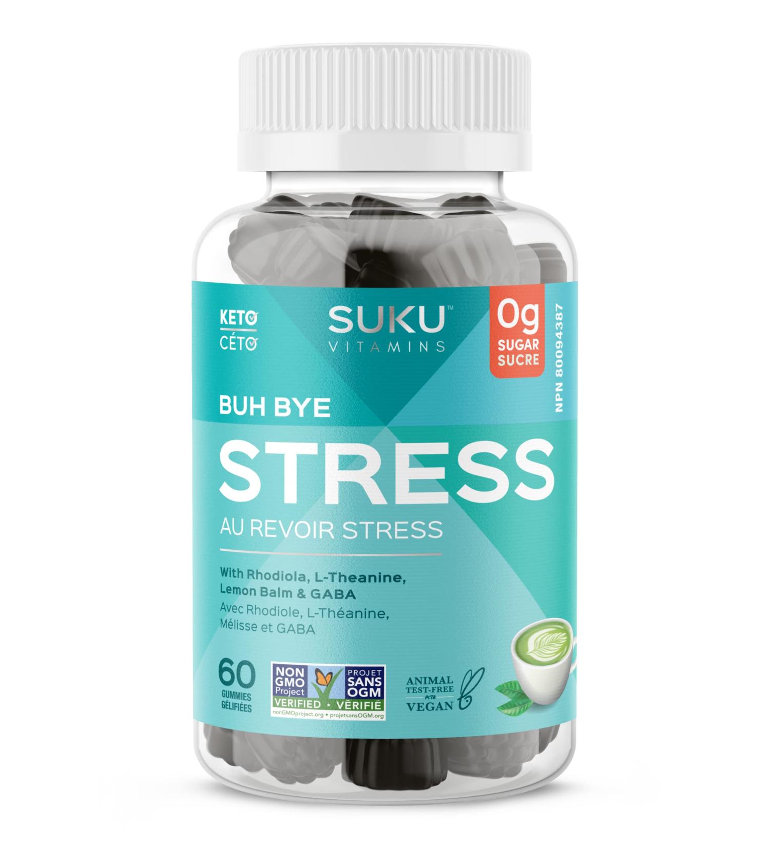SUKU Vitamins Stress Gummy Supplement Buh Bye Stress Sugar Free Gummies with Lemon Balm L-Theanine GABA Keto Plant-Based Nut-Free Helps with Anxiety and Stress Relief Calm Mood & Stress Support 60 Gummies (30 Day Supply) - Buy Online on SooperMarket.com