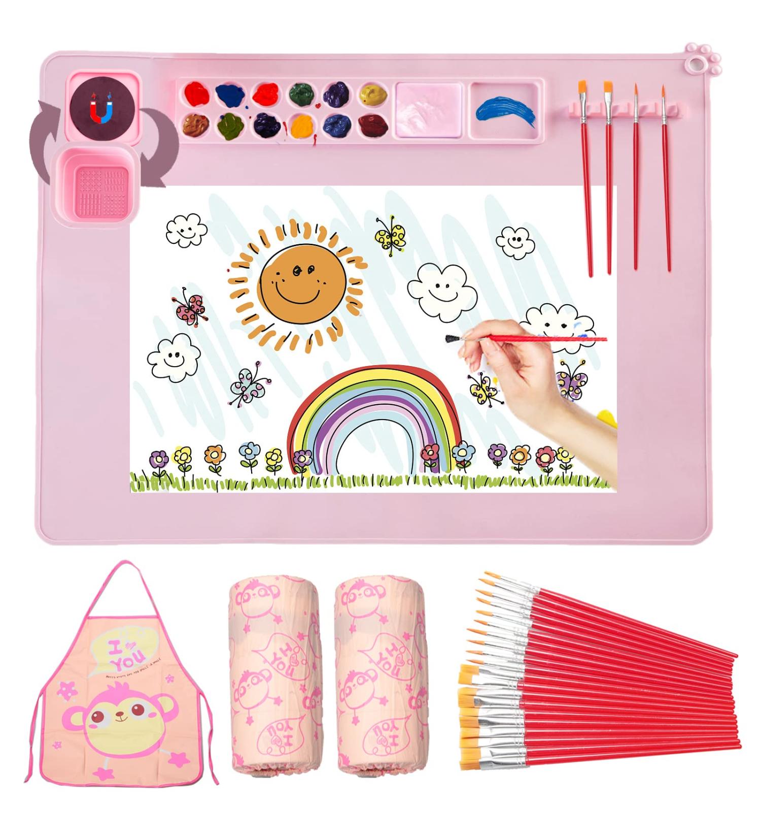 Silicone Painting Mat Kit | Apron, Oversleeve, Brushes | Craft Mats for Kids | 20x16 Inches | Resin Mat | DIY Projects | Pink - Buy Online on SooperMarket.com