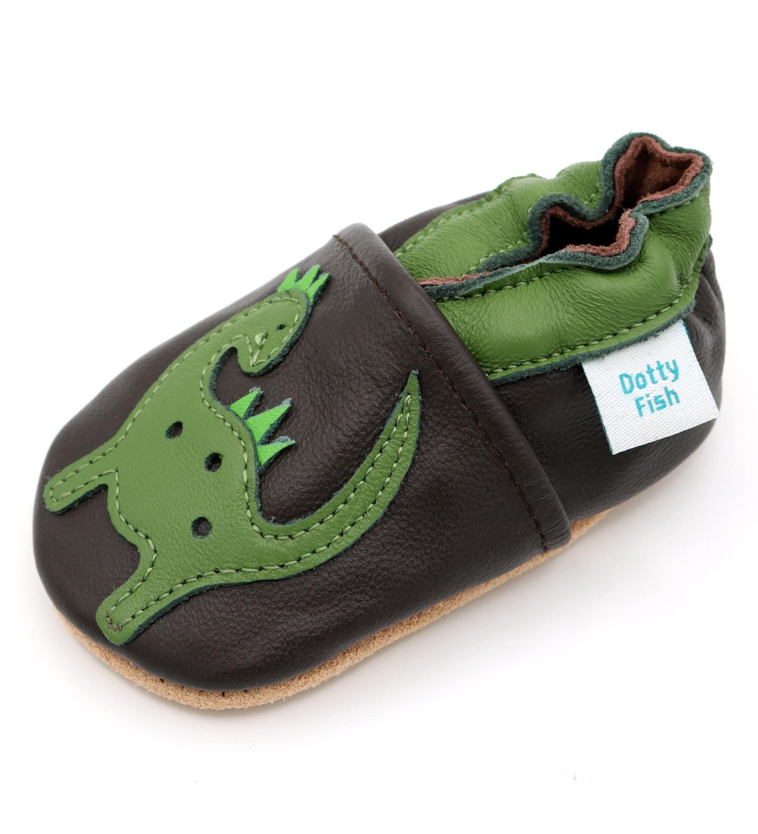 Dotty Fish Soft Leather Baby Shoes for Boys | Non-Slip Toddler Shoes | Green Dinosaur Design | 4-5 Years - Buy Online on SooperMarket.com