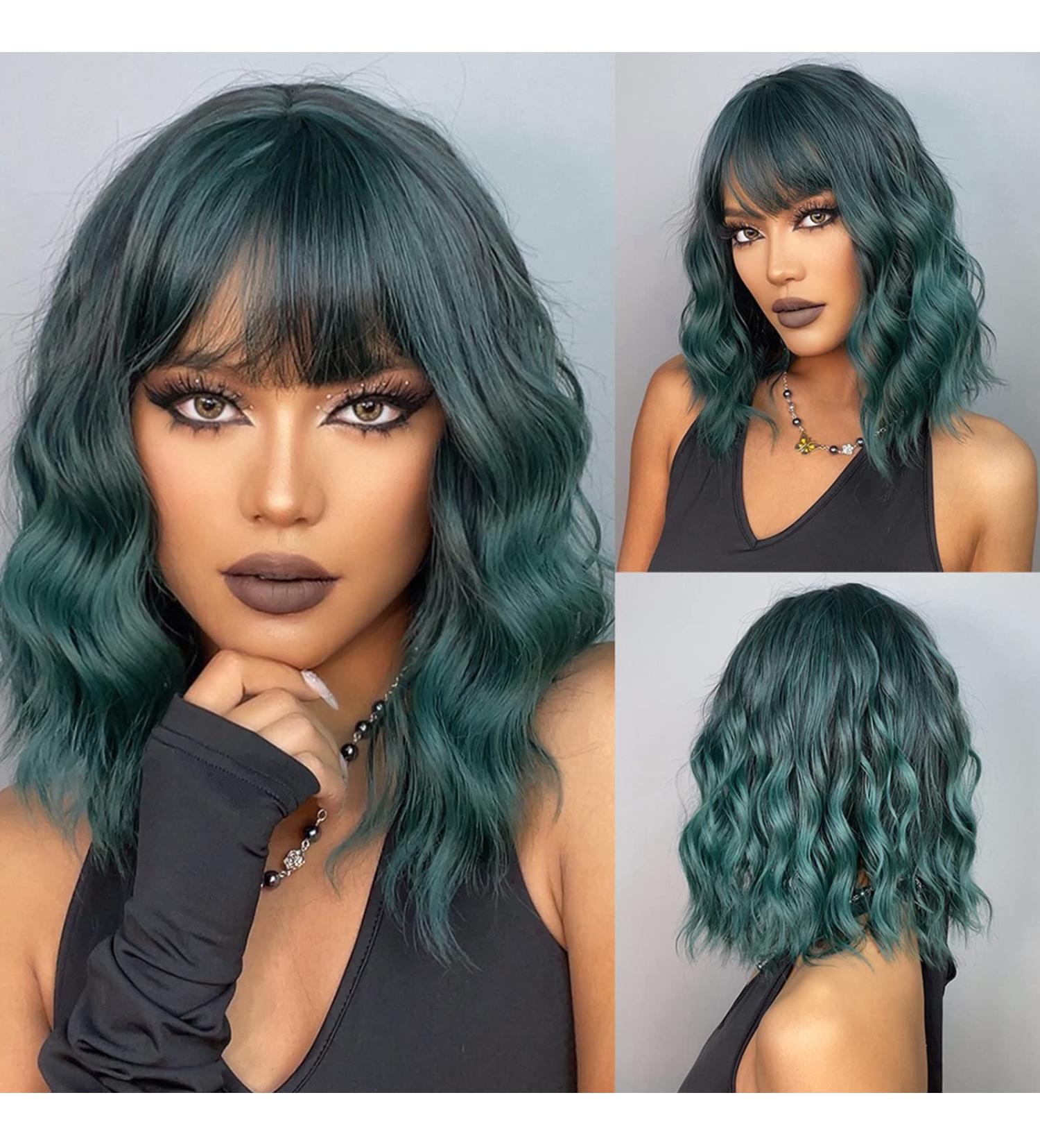 Haircube Short Bob Wig with Bangs - Dark Green Heat-Resistant Synthetic Fiber for Women | Party Cosplay & Daily Wear - Buy Online on SooperMarket.com
