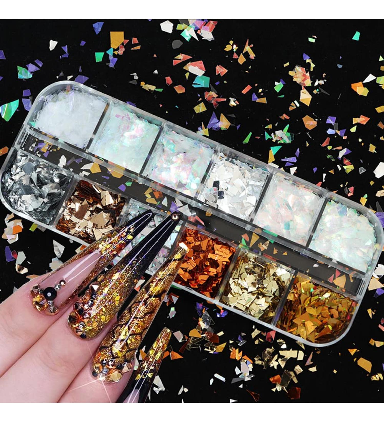 Holographic Nail Glitter Flakes | 12 Grids 3D Irregular Sequins | Shiny Gold & Silver Nail Art Supplies | Vintage Glitter for UV Gel Nails Design - Buy Online on SooperMarket.com