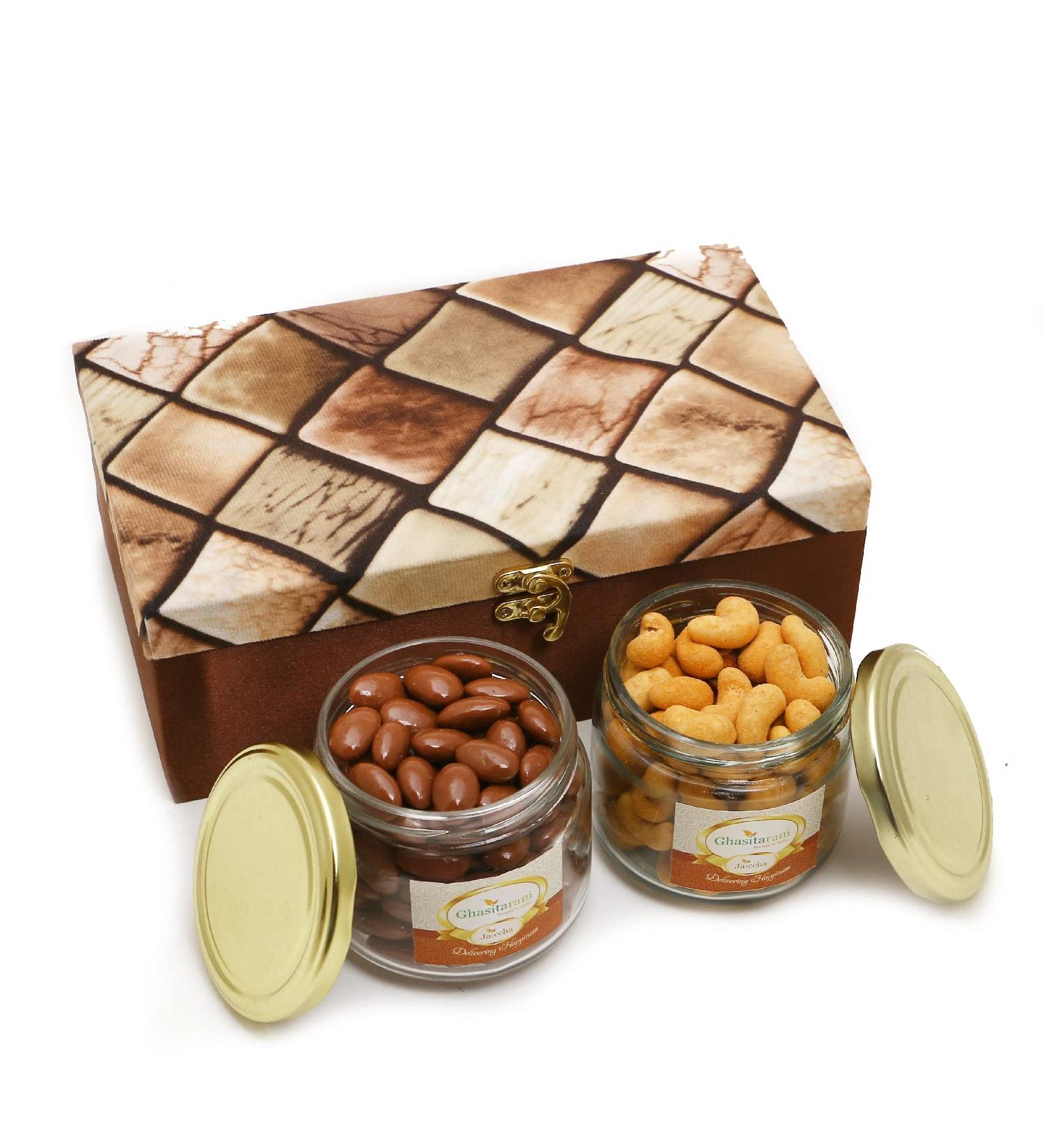Jaiccha Ghasitaram Miracle Box of 2 Jars of Chocolate Coated Almonds and Crunchy Cashews|Gift for Diwali Gifts Holi Rakhi Valentine Christmas Birthday Anniversary Her Him| Box of 2 Jars of Choco Almonds & Crunchy Cashews - Buy Online on SooperMarket.com