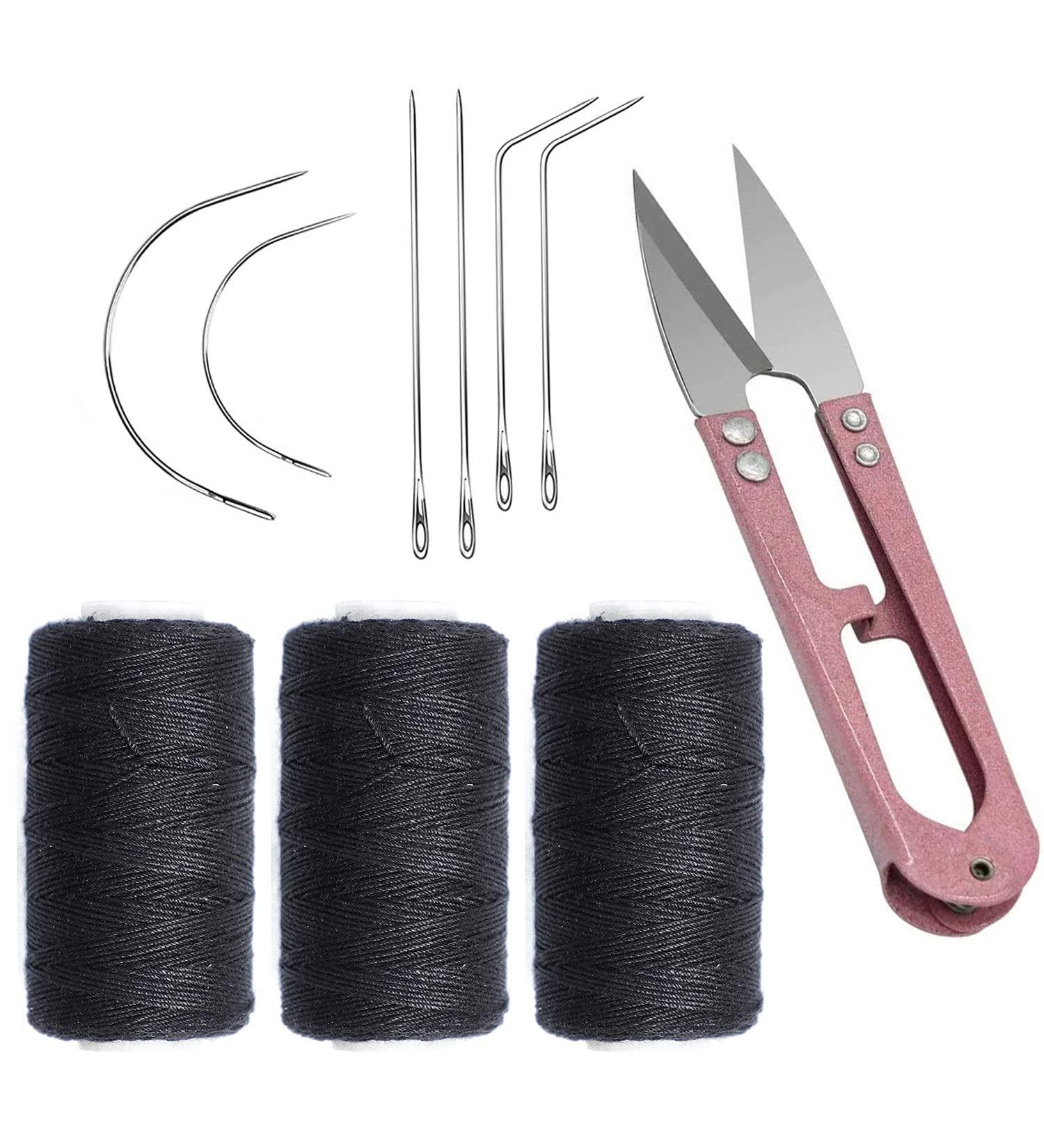 Weaving Needle and Threads Set with Stainless Steel Needles and Scissors for Hand Sewing Hair Extensions and Lace Wig DIY - 3 Rolls Black Thread - Buy Online on SooperMarket.com