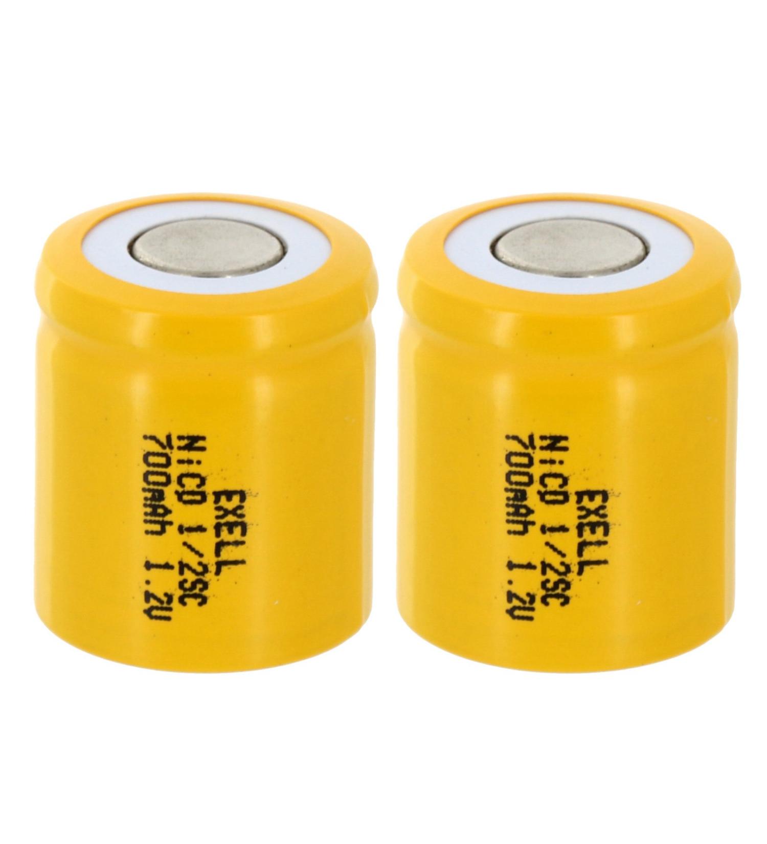 2x Exell 1/2SC NiCD 700mAh 1.2V Flat top Rechargeable Battery