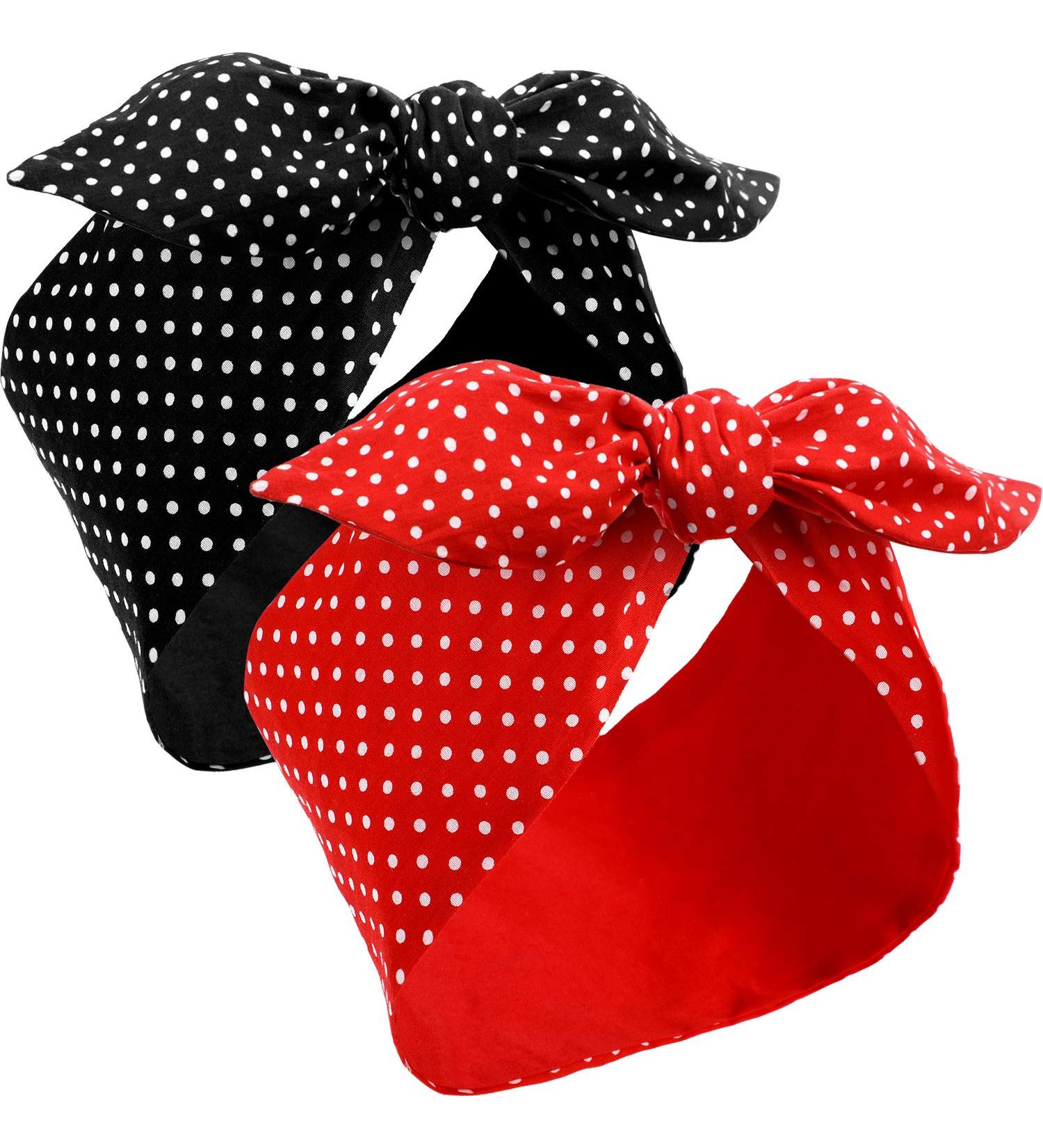 Retro 1940s Head Scarf Set - Red Black Boho Bow Headbands for Women - Vintage Rabbit Ear Hairband - Lovely Dot Design - Buy Online on SooperMarket.com