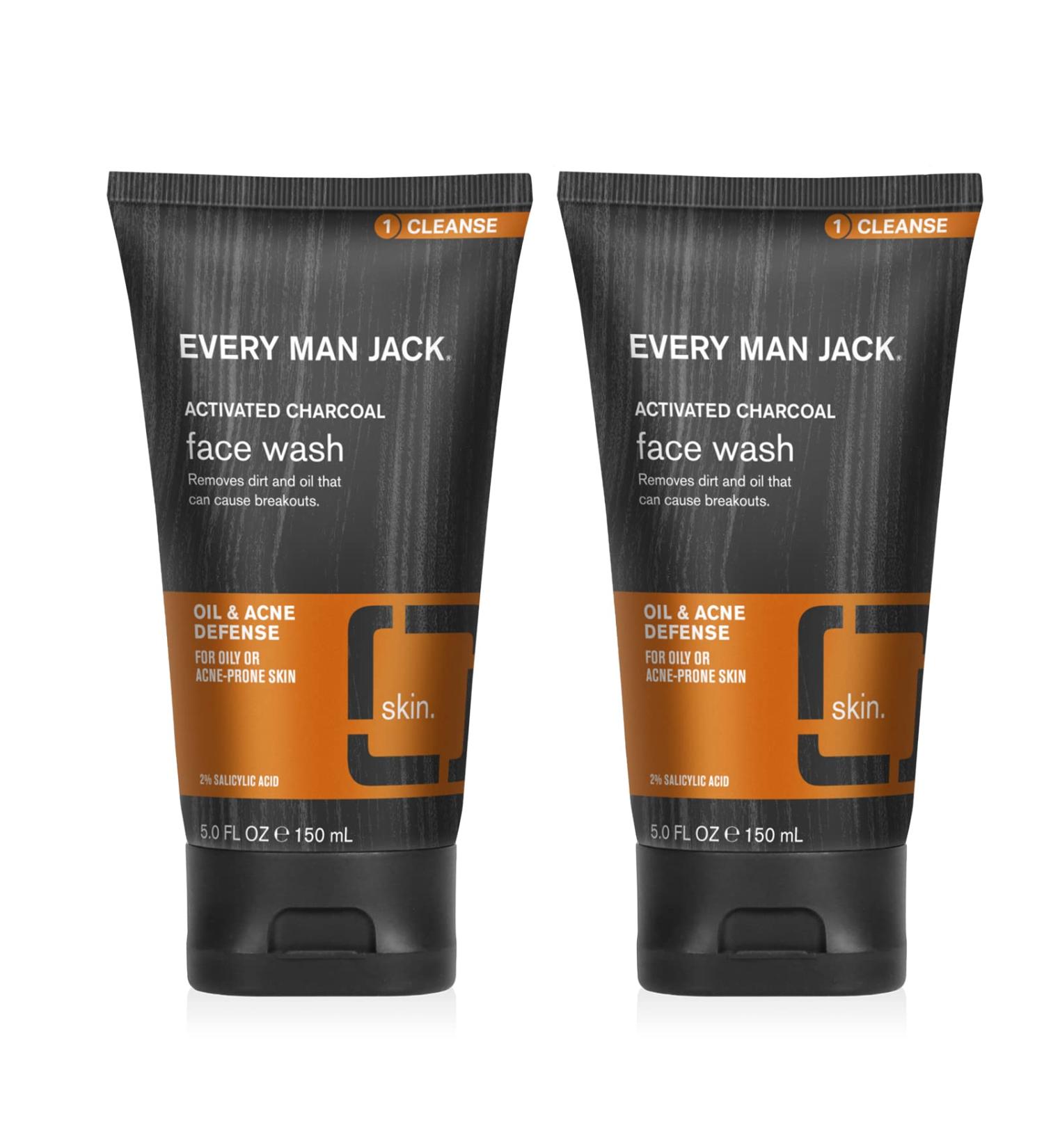 Every Man Jack Activated Charcoal Oil and Acne Defense Face Wash for Men - 5 oz Twin Pack with Salicylic Acid and Coconut Oil - Prevent Breakouts and Deeply Cleanse Pores - Buy Online on SooperMarket.com