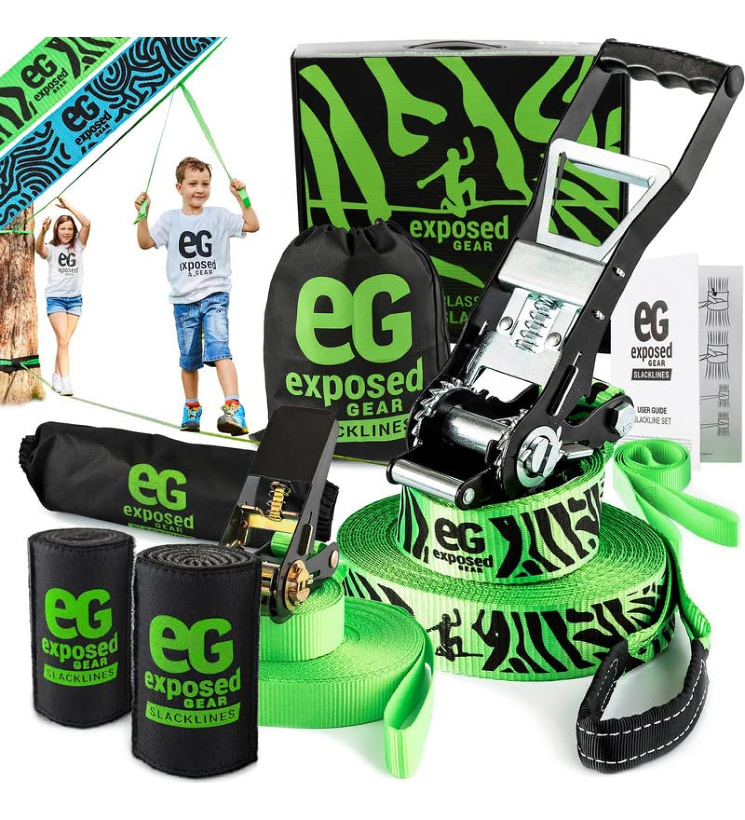 60ft Slackline Kit with Training Line, Tree Protectors, High Grade Ratchet, Arm Trainer, Instruction Booklet, Carry Bag - Green | Perfect Slackline Set for Kids and Adults - Buy Online on SooperMarket.com