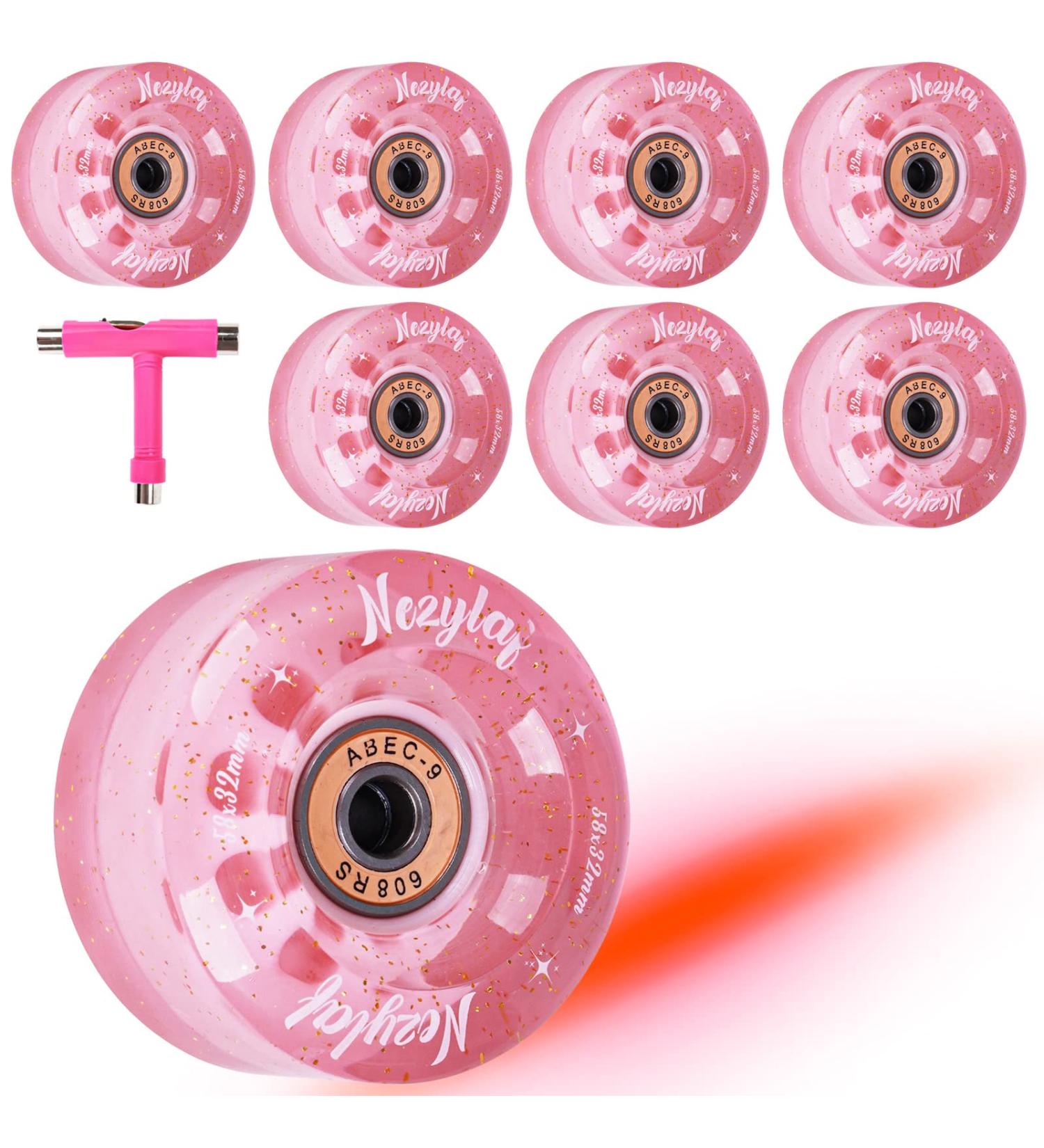 Nezylaf 8 Pack 32x58mm 82A Roller Skate Wheels with Glitter Powder + Skate Tool - Pink, Indoor/Outdoor Skate Replacement Accessories - Buy Online on SooperMarket.com