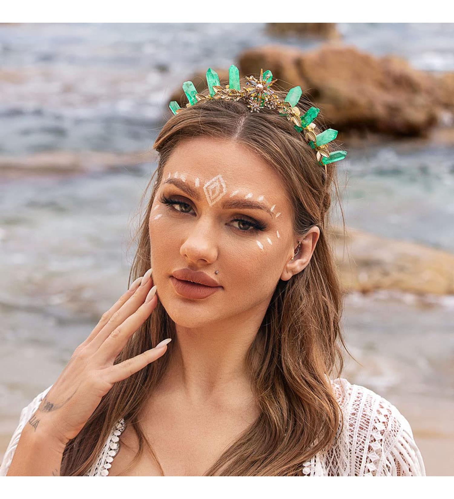 Green Quartz Crown Tiara Headband | Gold Leaf Woodland Fairy Hairband - Buy Online on SooperMarket.com