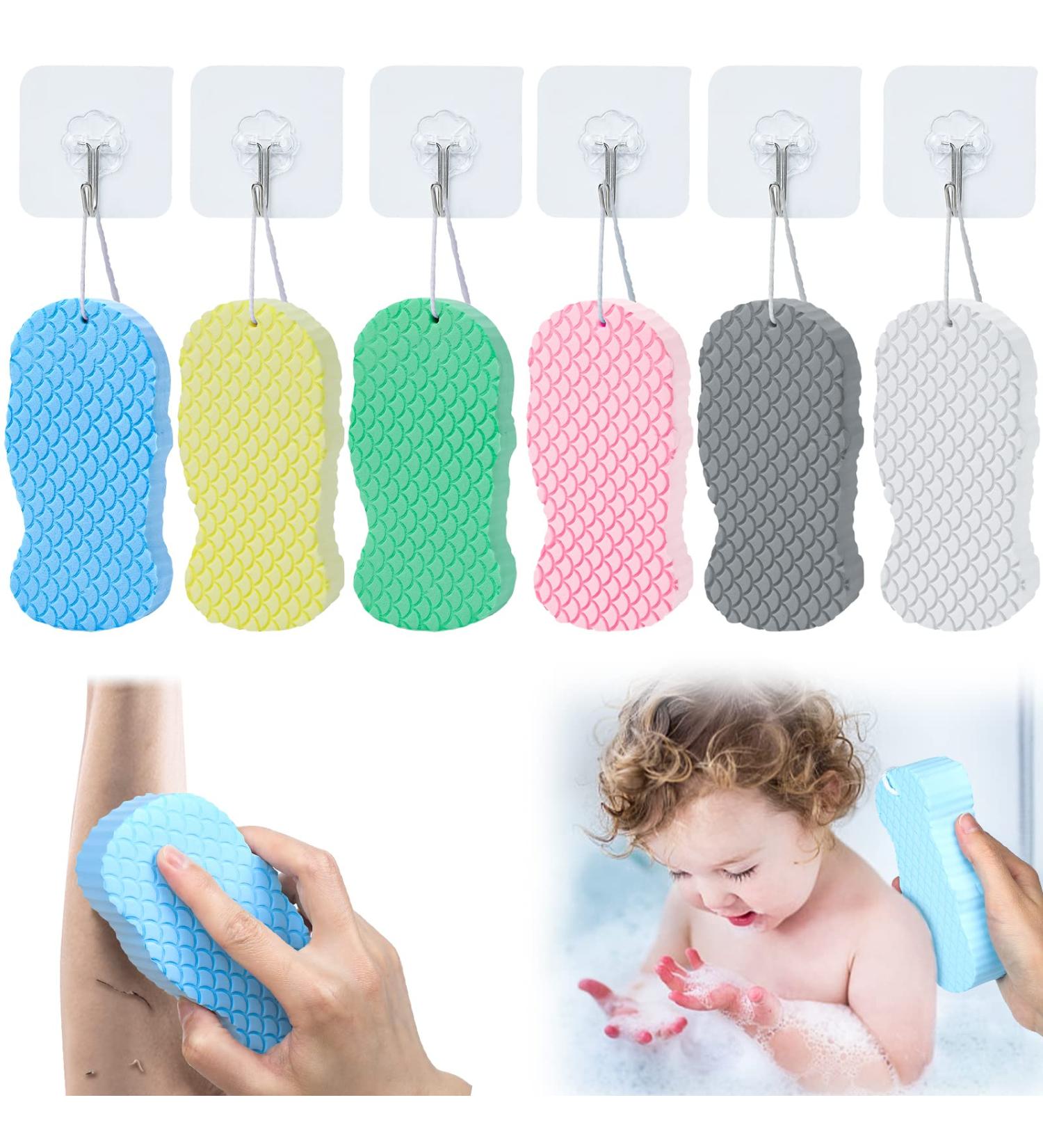 6Pcs Ultra Soft Bath Body Shower Sponges with Exfoliating Dead Skin Remover - Reusable and Super-Soft for Pregnant Women, Adults, and Children | Includes 6 Sticky Hooks - Buy Online on SooperMarket.com
