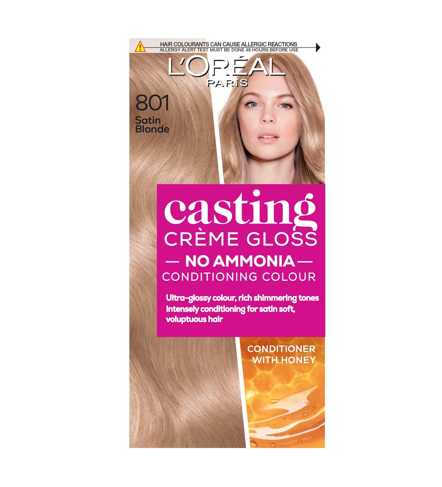 L'Or al Paris Casting Cr me Gloss 801 Satin Blonde - Ammonia-Free Semi-Permanent Hair Dye with Honey-Infused Conditioner for Glossy Finish | Up to 28 Shampoos | 1 Pack - Buy Online on SooperMarket.com
