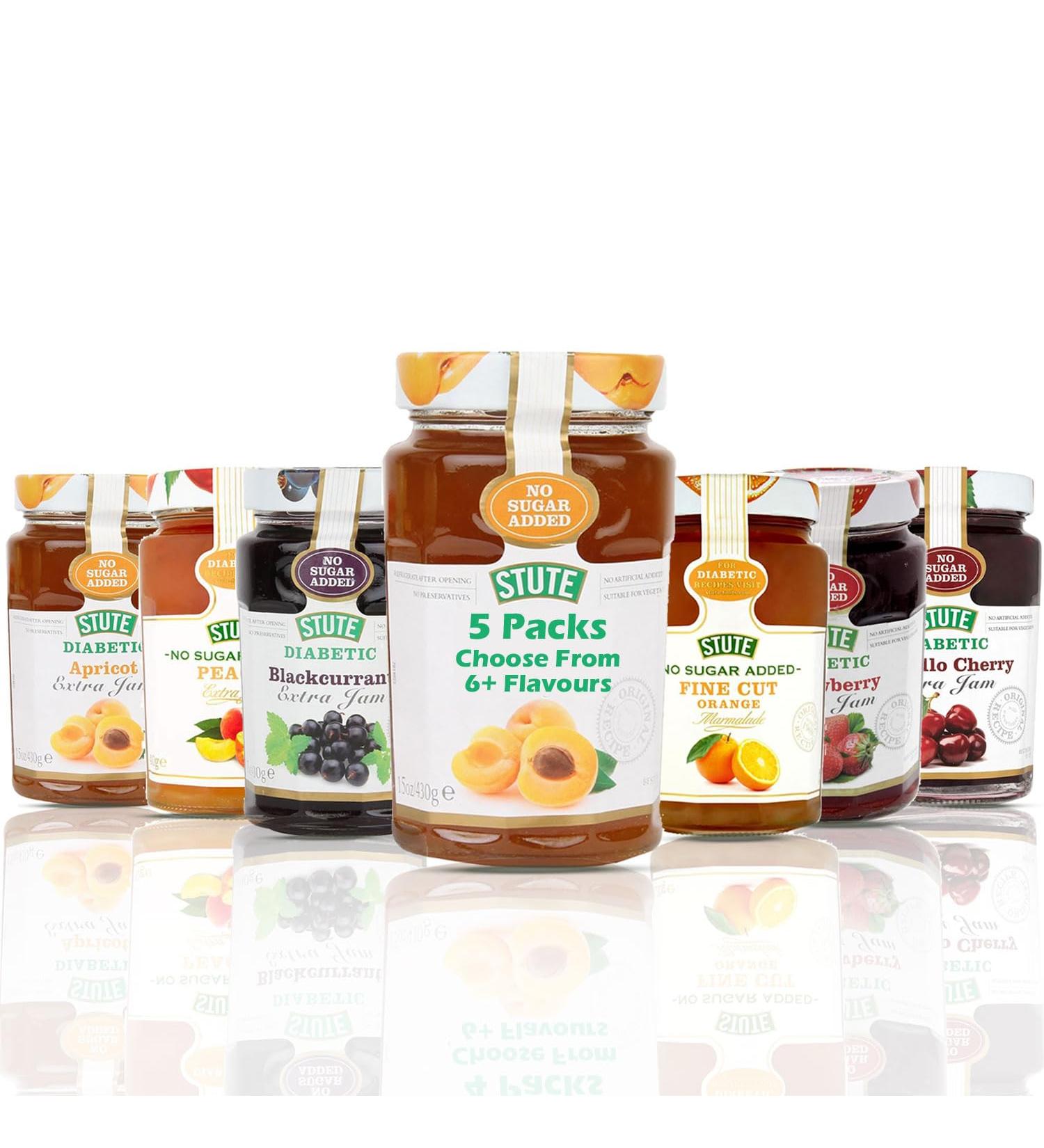 Stute Jam Selection - Handpick Your Favourite Flavours | Low Sugar High Taste | Apricot Blackcurrant Morello Cherry | Diabetic-Friendly Jams for Healthier Treat | 5 Pack - 430g Each - Buy Online on SooperMarket.com