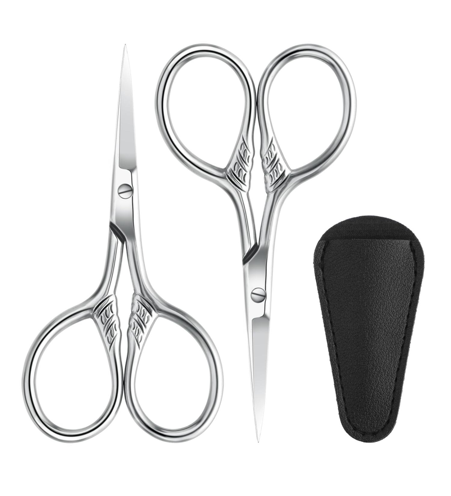 2Pcs Facial Hair Scissors for Men Women Nose Scissors with Leather case Tip Scissors for Mustache Nose Beard Eyebrows Eyelashes and Ear Hair Cutting Scissors (Silver) - Buy Online on SooperMarket.com