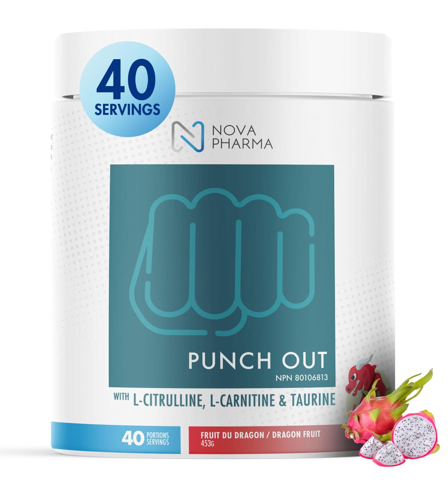 Nova Pharma Punch Out Pre Workout Powder L-Carnitine and Antioxidant-Rich Pre Workout Supplement Boost Stamina and Endurance for Gym Training and Workouts - 40 Servings (Dragon Fruit) - Buy Online on SooperMarket.com