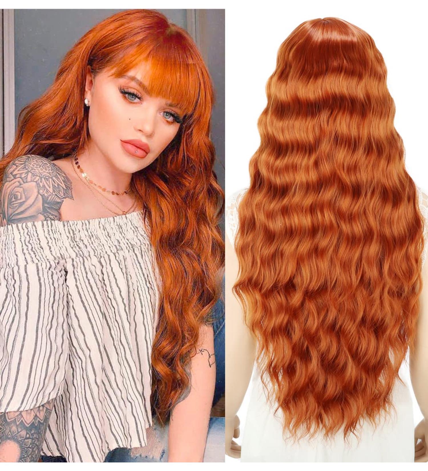 YEESHEDO Ginger Long Hair Wigs | Natural Curly Wavy Synthetic Wig with Fringe | 28 Copper Red Orange Wig for Parties and Cosplay - Buy Online on SooperMarket.com