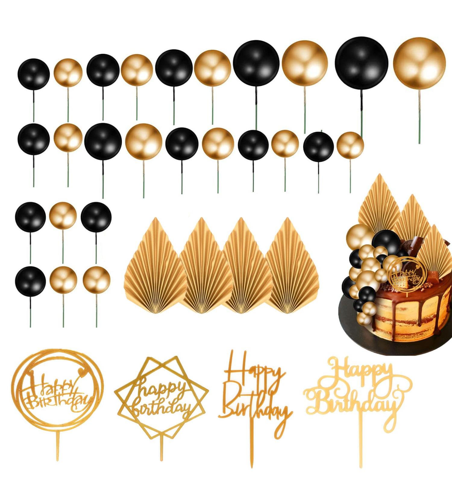 58pcs Black and Gold Balls Cake Toppers Decorations Gold Cake Decorations Black and Gold Ball Cake Decorations Gold Cake Topper Decorations Palm Leaf Cake Toppers Birthday Cake Decorations for Party. - Buy Online on SooperMarket.com