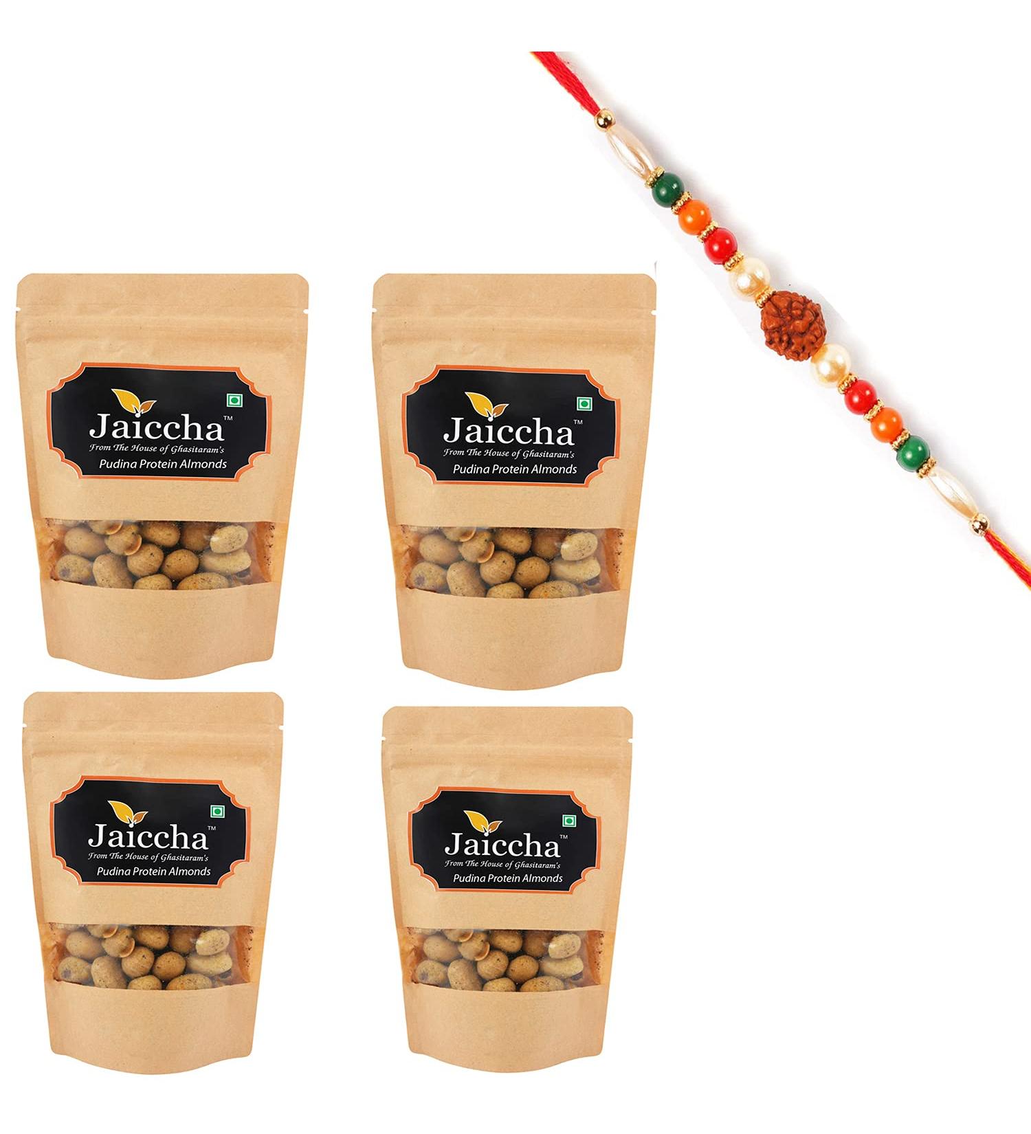 Jaiccha Ghasitaram Rakhi Gifts for Brothers Rakhi Dryfruits - Pudina Protein Almonds 800 GMS in Brown Paper Pouch with Rudraksh Rakhi - Buy Online on SooperMarket.com
