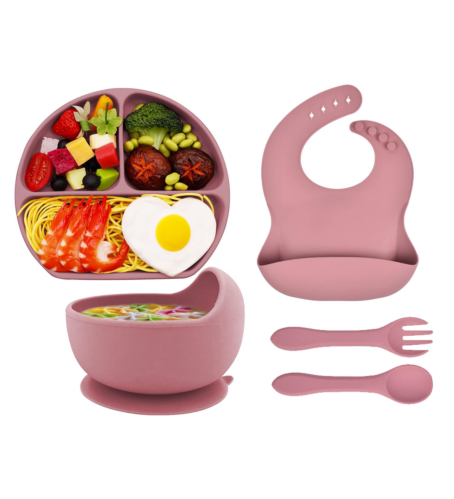 Hoseay Baby Weaning Set - 5 Pcs Silicone Feeding Set with Suction Bowl, Plate, Fork, Spoon, Bib - Baby Led Weaning Supplies for Kids/Toddlers in Pink - Buy Online on SooperMarket.com