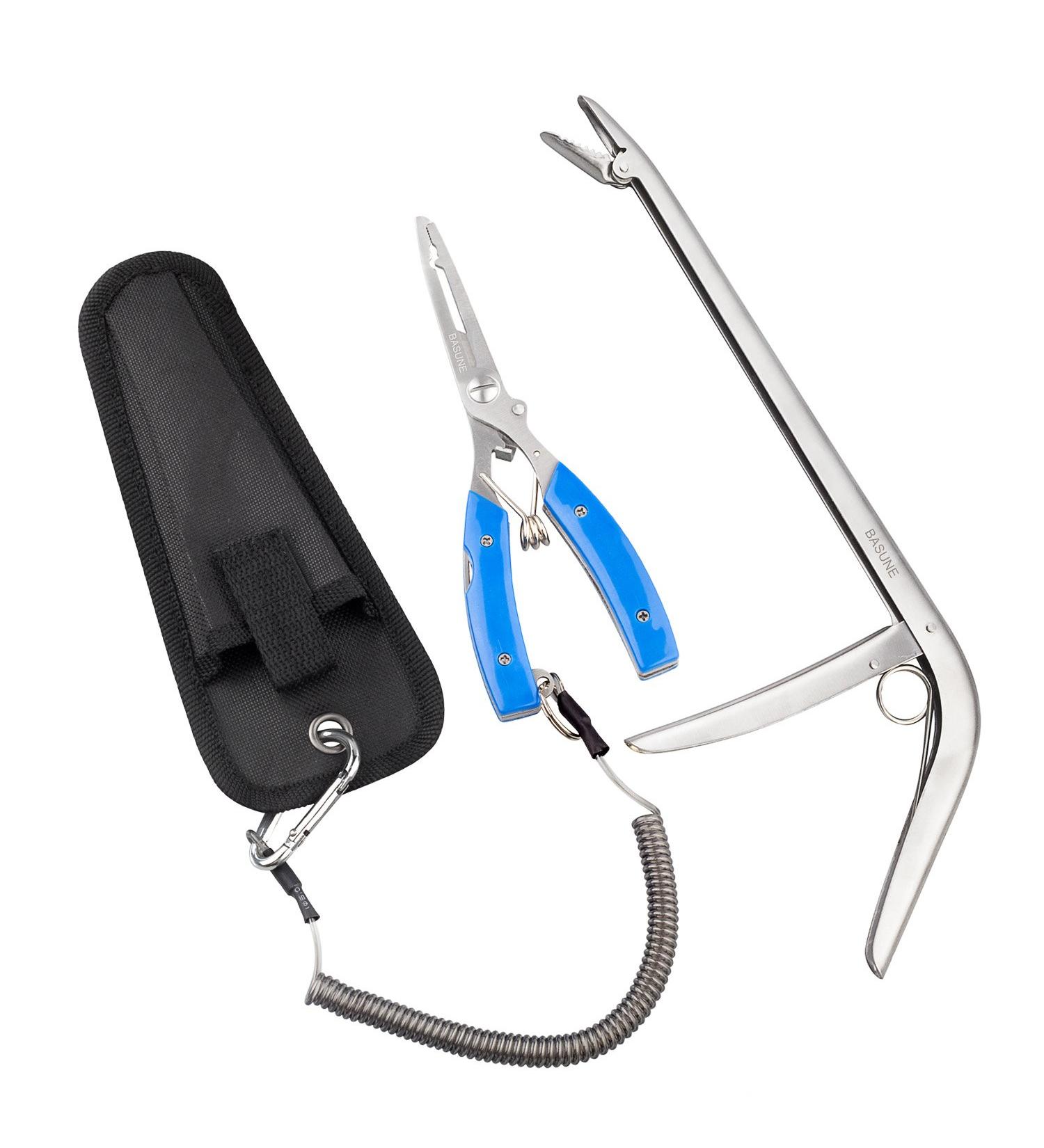 BASUNE Fishing Pliers + Hook Remover & Line Cutter Set with Nylon Sheath - Curved Nose, Fishing Tackle Tool for Easy Hook Removal - Blue - Buy Online on SooperMarket.com