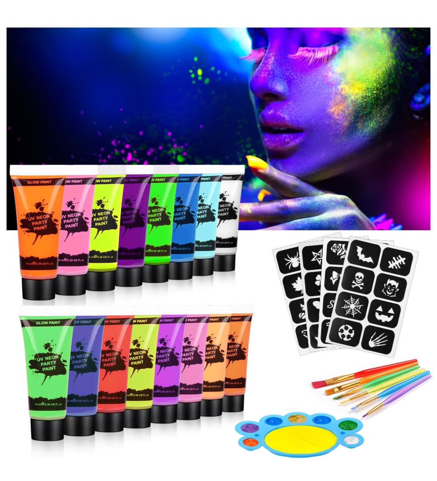 AOOWU UV Glow Face Body Paint Set - 16 Neon Fluorescent Colors - Non-Toxic Makeup Kit for Adults & Kids - Perfect for Parties & Carnivals - Buy Online on SooperMarket.com
