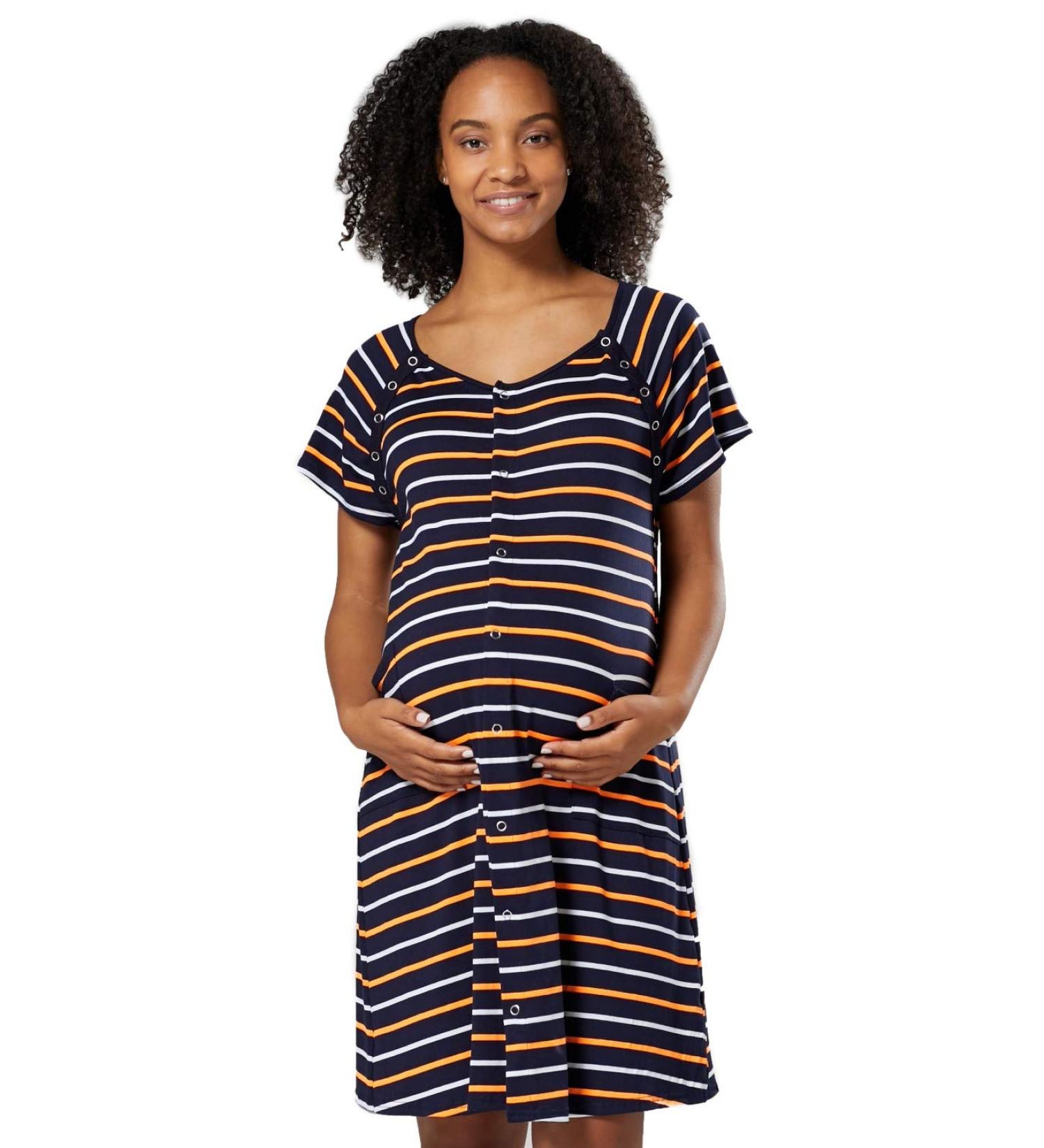 HAPPY MAMA Maternity Nursing Gown Nightshirt 1029 - Navy & Orange Stripes - Buy Online on SooperMarket.com