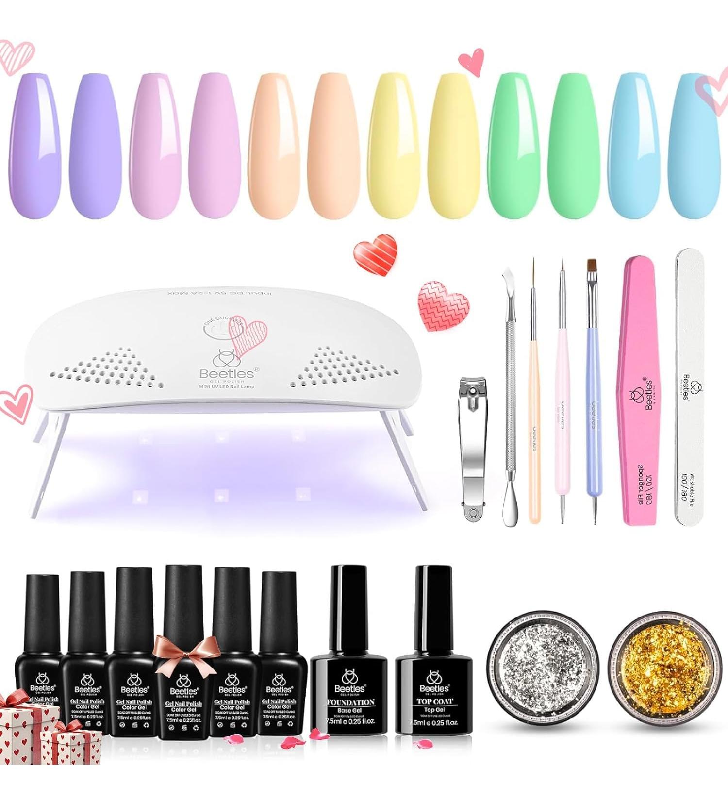 Beetles Candy Land Gel Nail Polish Kit with Light - Pastel Colors Set | UV LED Lamp, Base & Top Coat for DIY Home Manicure - Buy Online on SooperMarket.com