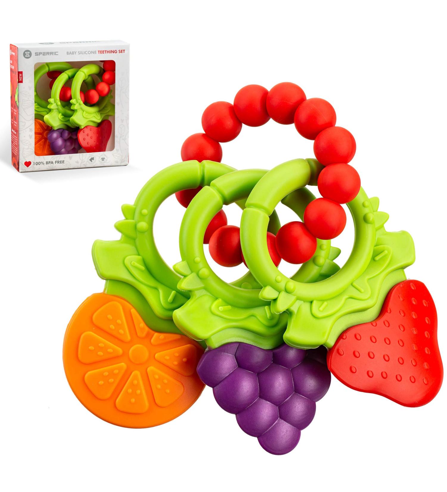 Baby Teething Toys for Newborns to Infants 6-12 Months | BPA Free Silicone Teethers | Fruit Shaped with Ring | Soothes Gums | 3 Pack - Buy Online on SooperMarket.com