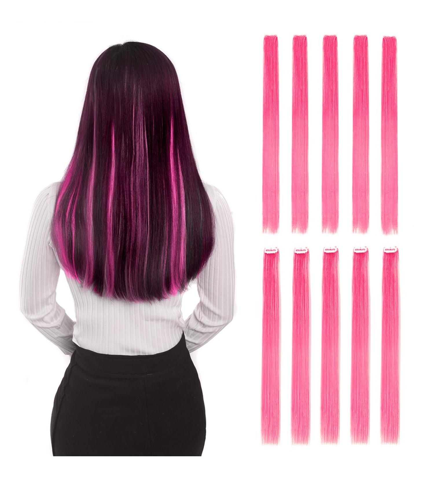 20 Inch Colored Clip in Hair Extensions - 10pcs Straight Pink Fashion Hairpieces for Party Highlights - Buy Online on SooperMarket.com