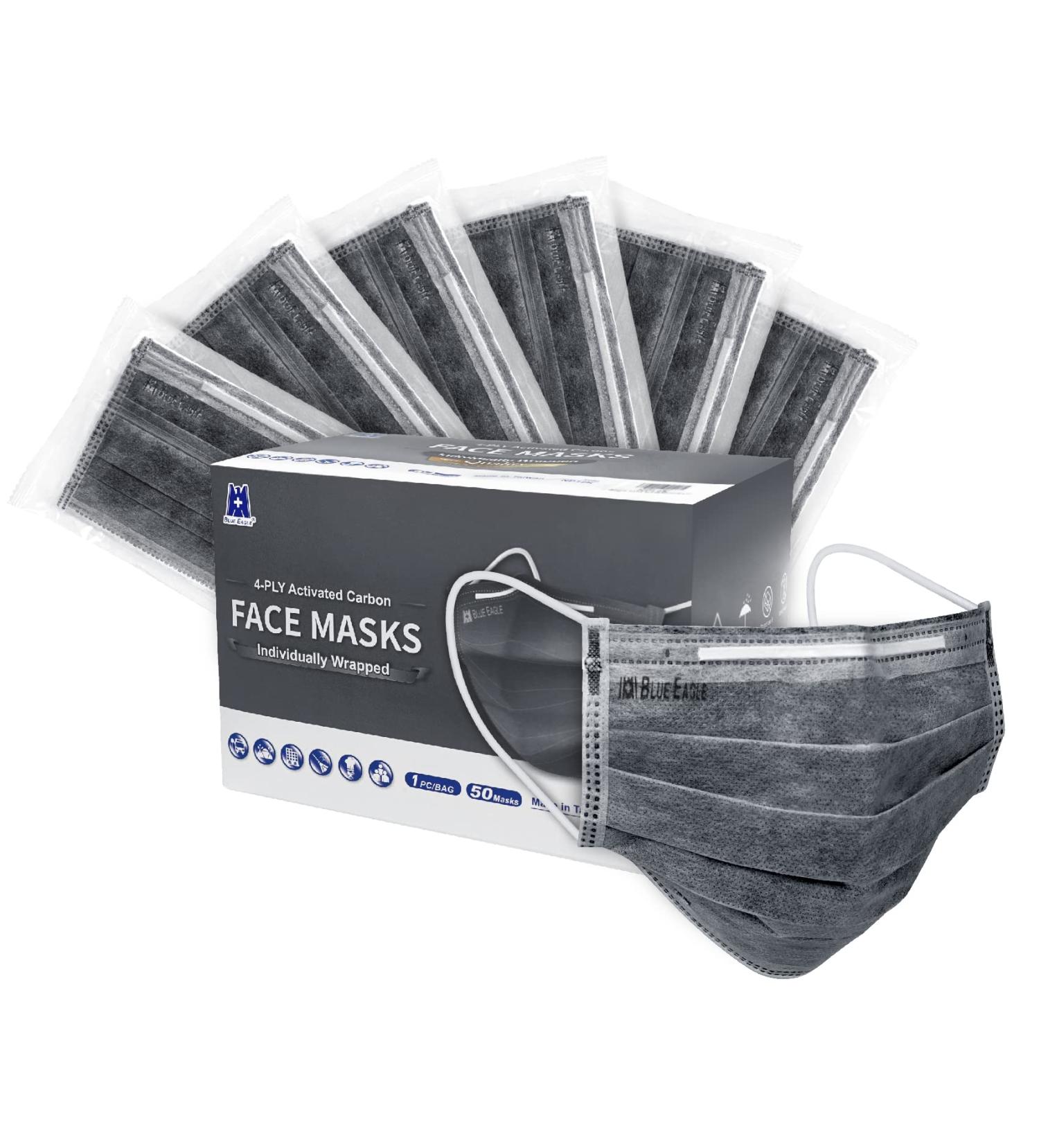 BlueEagle 4-Ply Individually Wrapped Disposable Adult Face Masks - 50 Pcs | Activated Carbon Filter | Large Fit | Charcoal Black Color - Buy Online on SooperMarket.com