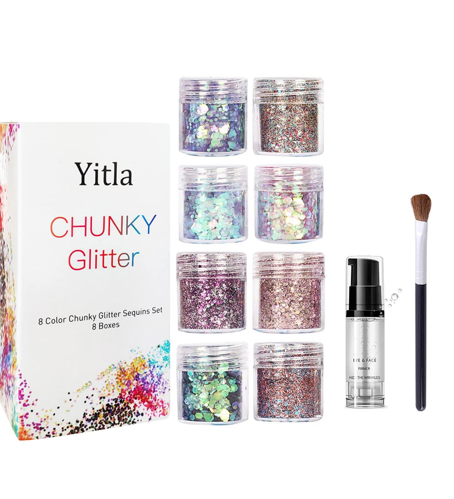 Yitla 8 Color Face Glitter Set for Festivals & Parties - Cosmetic Glitter for Body, Cheeks & Hair with Fix Gel & Brush - Buy Online on SooperMarket.com