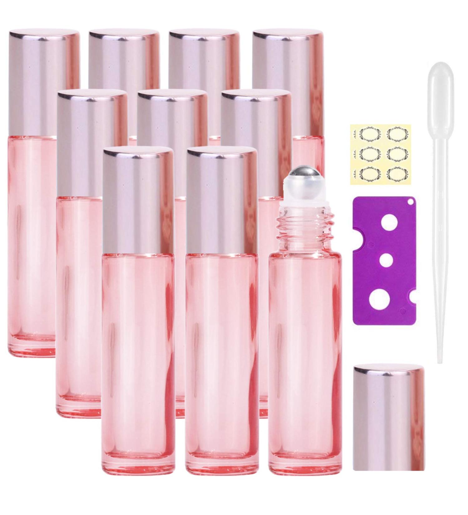 Alledomain 10Pcs 10ml Essential Oil Roller Bottles Refillable Transparent Rose Gold Glass Roll on Bottles Clear Roll Bottles with Stainless Balls & Rose Gold Cap Include Label Dropper & Opener Color 1 - Buy Online on SooperMarket.com
