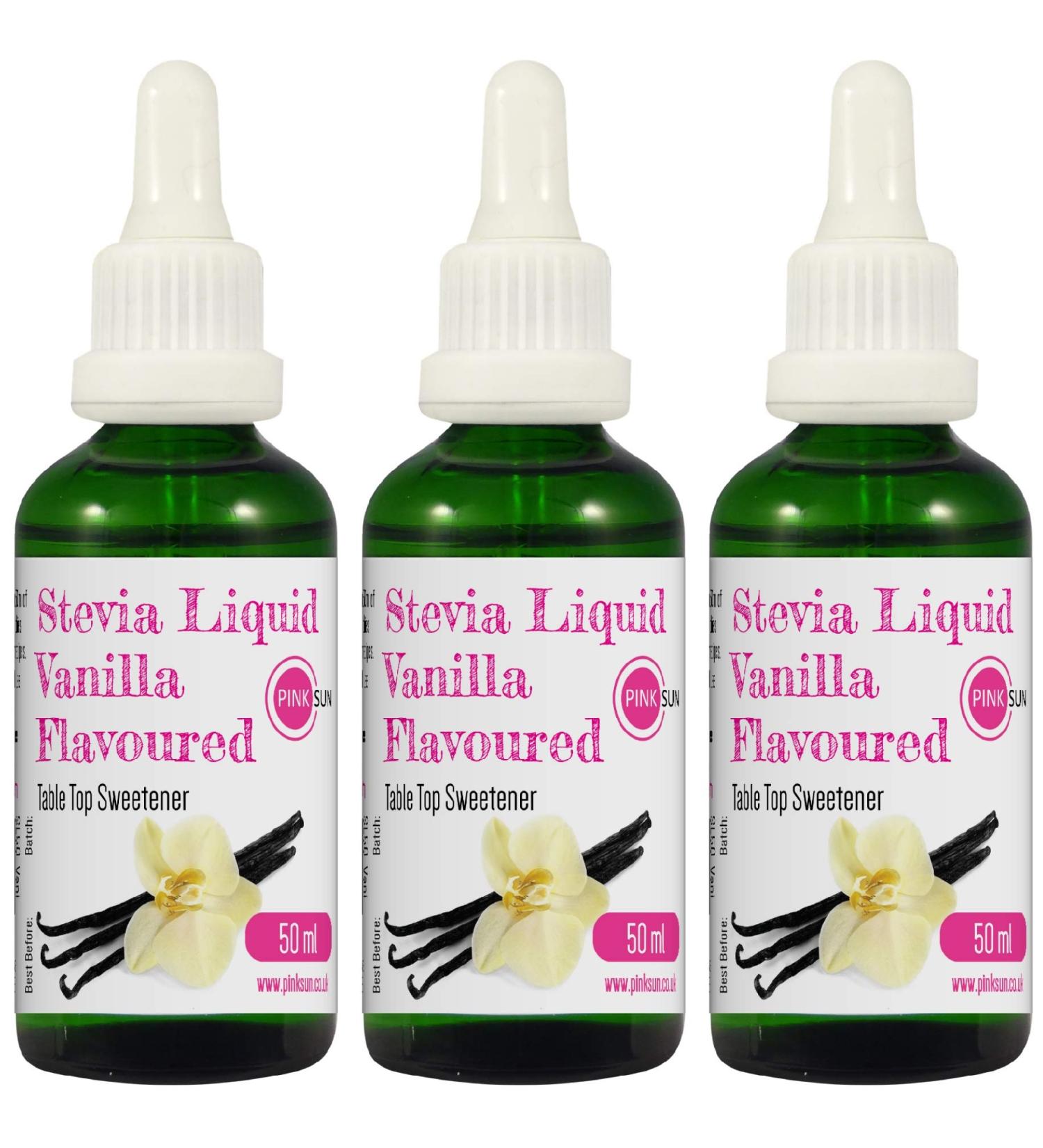 PINK SUN Stevia Vanilla Liquid Sweetener Drops 50ml x 3 - Natural Sugar Alternative - Vegetarian, Vegan, Gluten Free - Zero Calories - Bulk Buy - Buy Online on SooperMarket.com